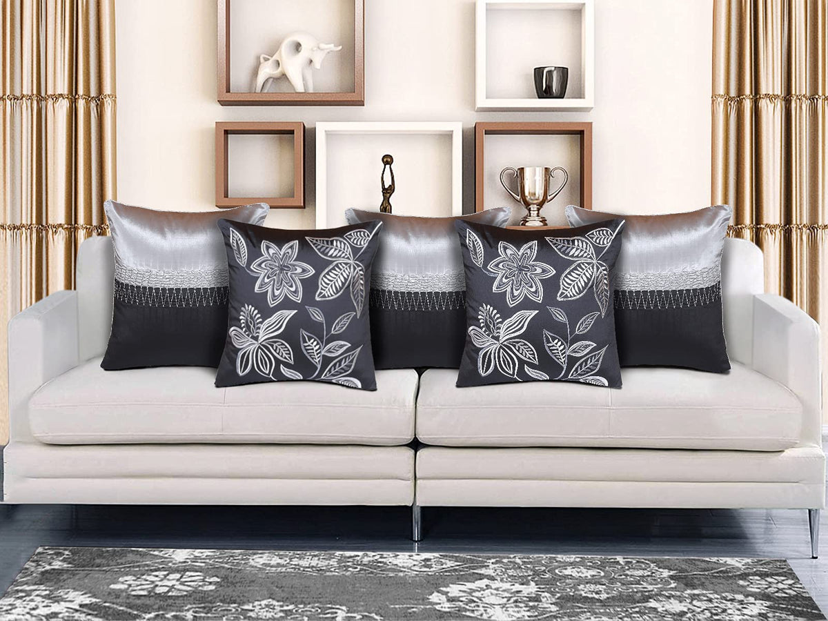 Home9Ine Polyester Embroidery Designer Cushion Covers For Sofa Bed And Living Room (40 X 40Cm Pack Of 5) (Grey)