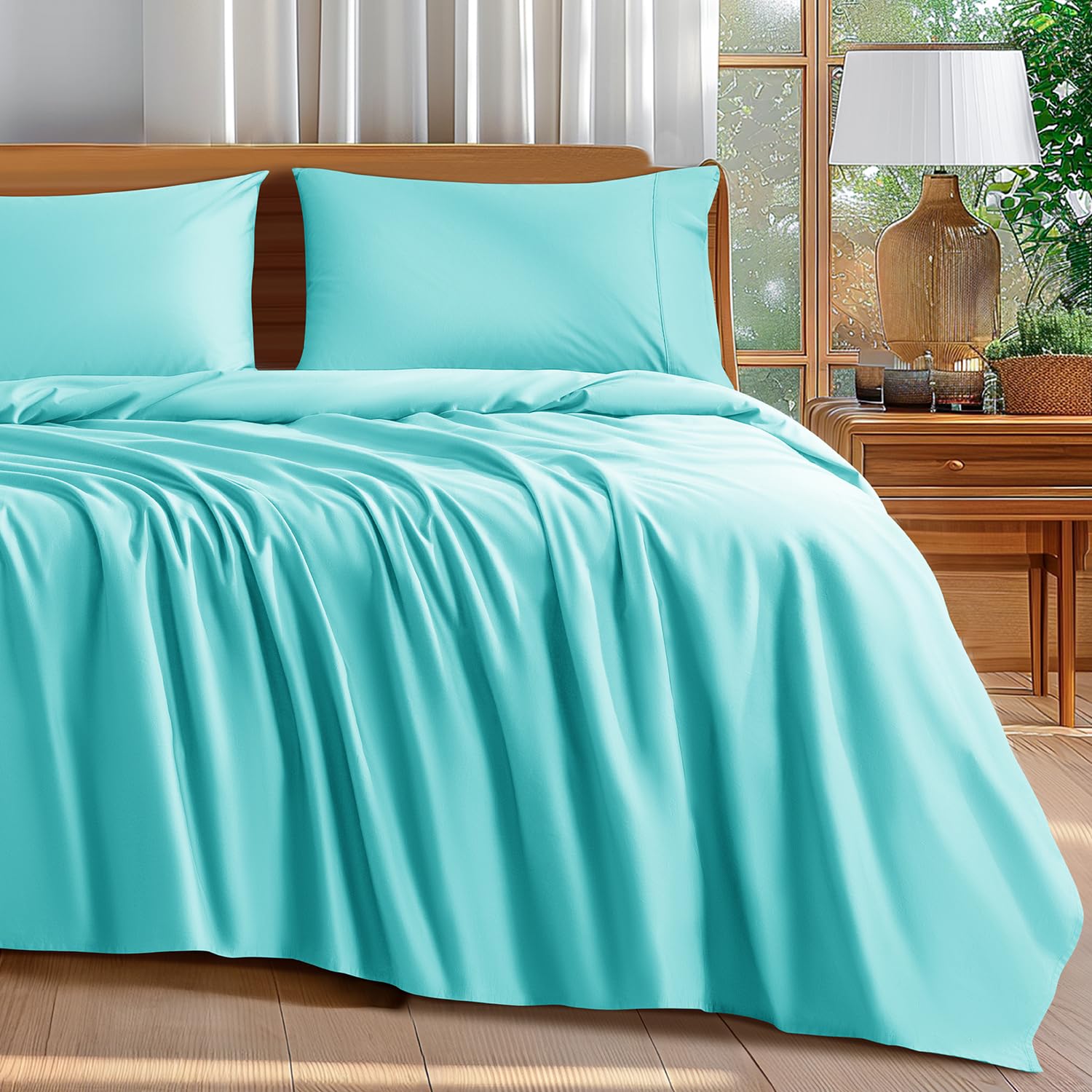 Shilucheng 100% Cotton King Size Sheets Set - 600 Thread Count,Luxury Egyptian Cotton Bed Sheets,5-Star Hotel Quality Sheets, Breathable & Cooling, 16 Inch Deep Pocket - 4 Piece (Seafoam, King)