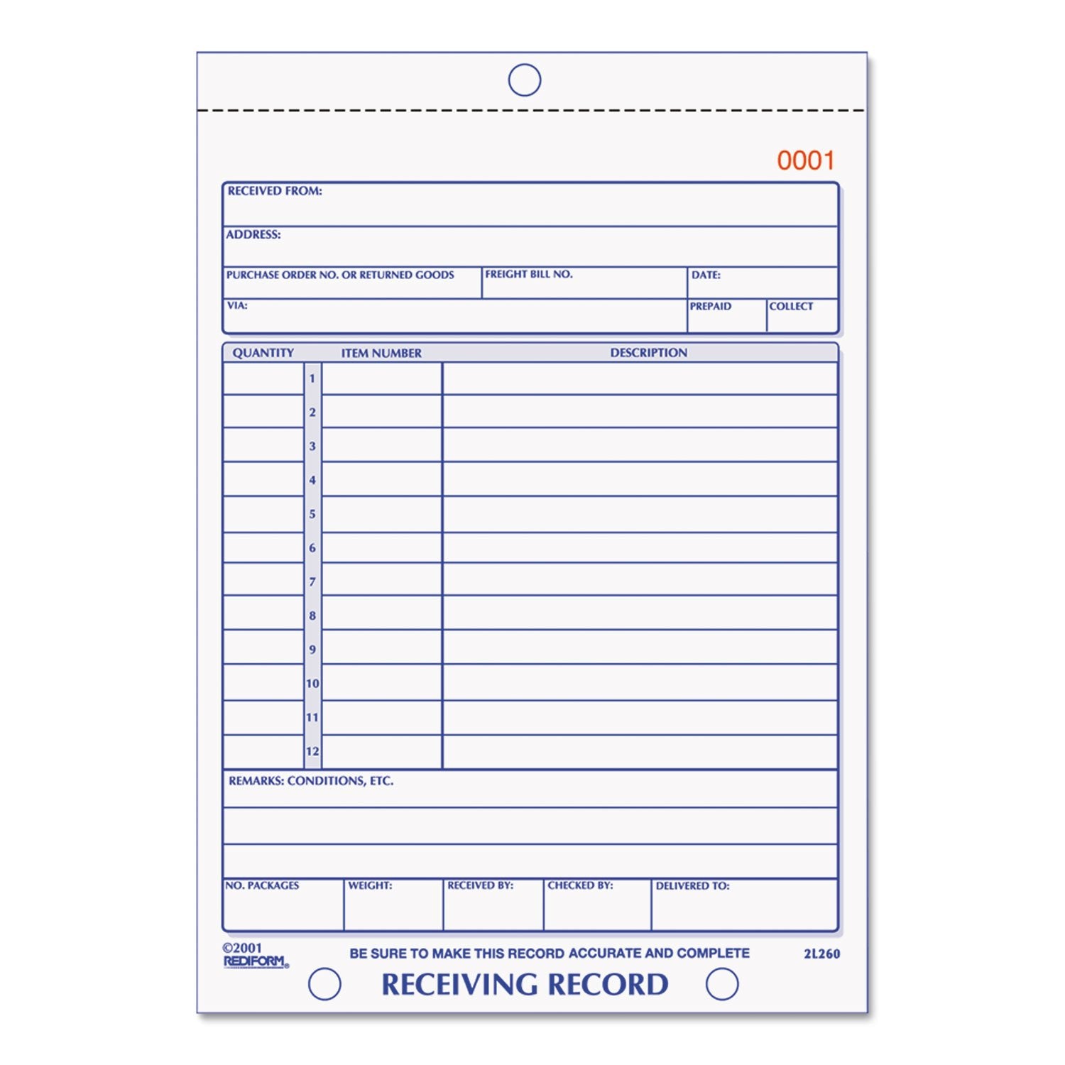 Rediform Receiving Record, Carbonless Triplicate, 5.5 X 7.5 Inches, 50 Sets Per Book (2L260)