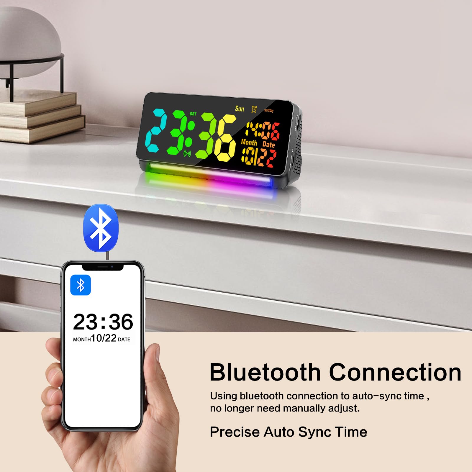 Samshow 120Db Super Loud Alarm Clock Heavy Sleepers Adults, Loud Alarm Clock Bluetooth Sync Time,15 Wake Up Sounds, 7 Color Nigh