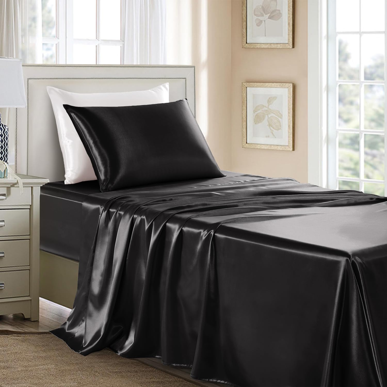 Golal Satin Sheets Twin Size - 3 Pieces Luxury Silky Soft Bed Sheets For Kids, Wrinkle-Free Black Satin Silk Sheet Set With 1 Deep Pocket Fitted Sheet, 1 Flat Sheet, 1 Pillow Case