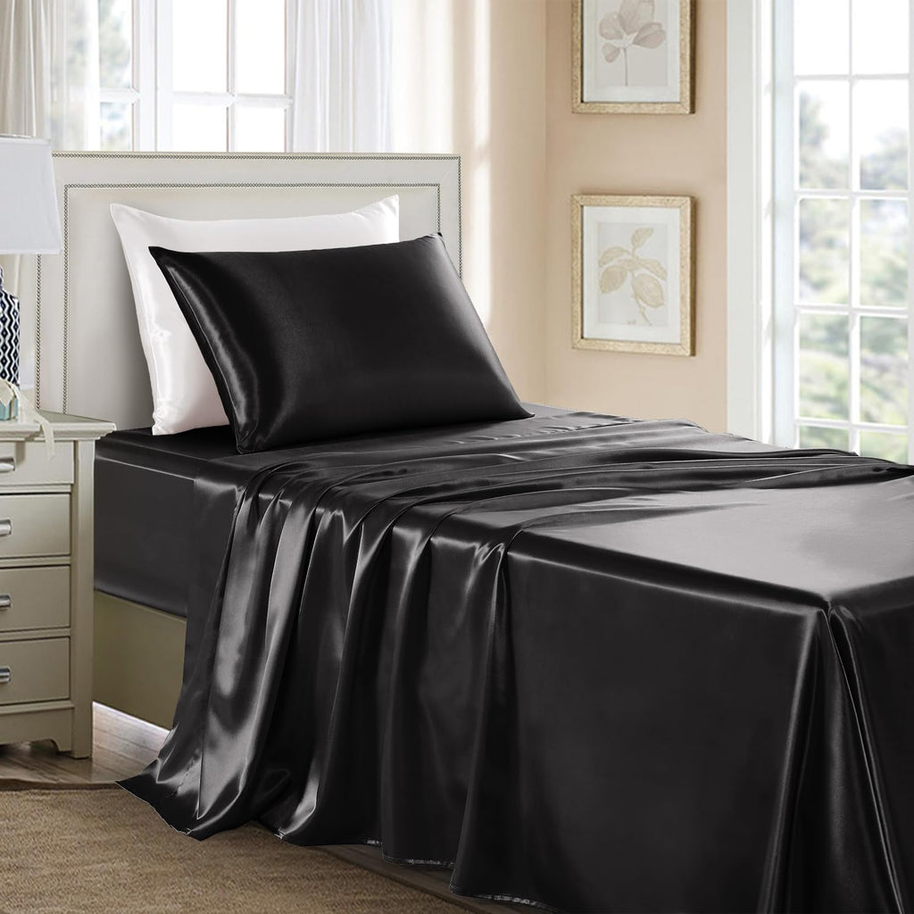 Golal Satin Sheets Twin Size - 3 Pieces Luxury Silky Soft Bed Sheets For Kids, Wrinkle-Free Black Satin Silk Sheet Set With 1 Deep Pocket Fitted Sheet, 1 Flat Sheet, 1 Pillow Case