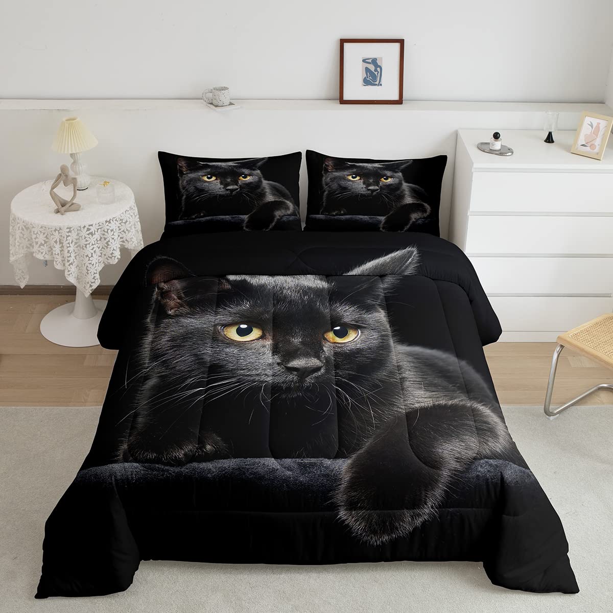 Erosebridal Black Cat Bedding Set Queen Size 3D Cat Comforter Set For Kids Girls Boys Cat Lover Cute Farmhouse Domestic Pet Anim