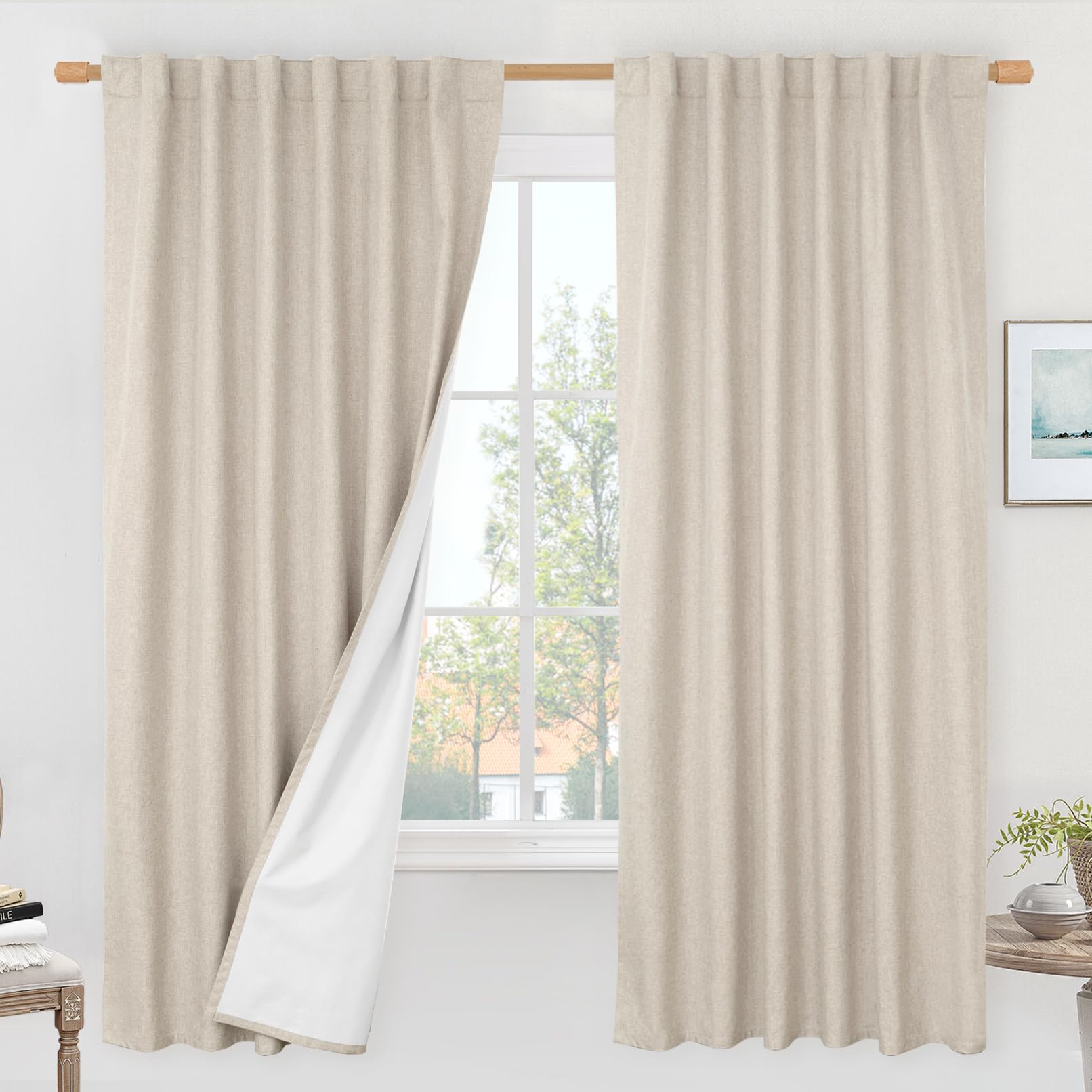 LAMIT 100% Blackout Natural Linen Curtains, 72 Inches Linen Textured Thermal Bedroom Curtains Back Tab and Rod Pocket Neutral Pa