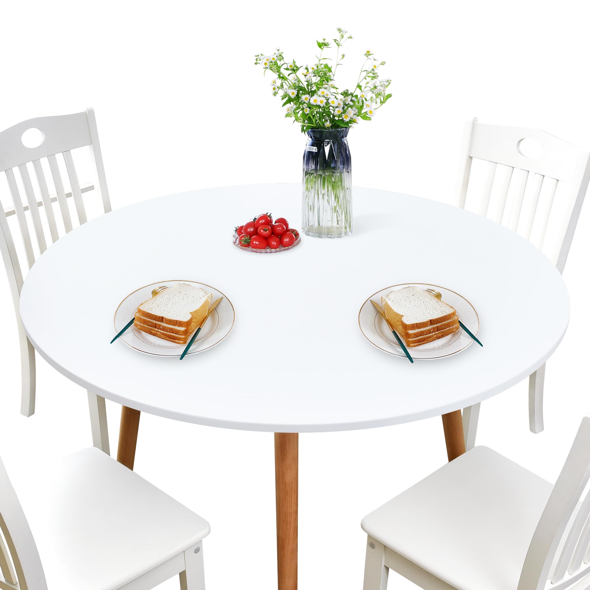 Newisher Round Fitted Table Cover Spandex Stretch Tablecloth White Table Top Cover With Elastic Edged For Dining Picnic Patio 60 Inch