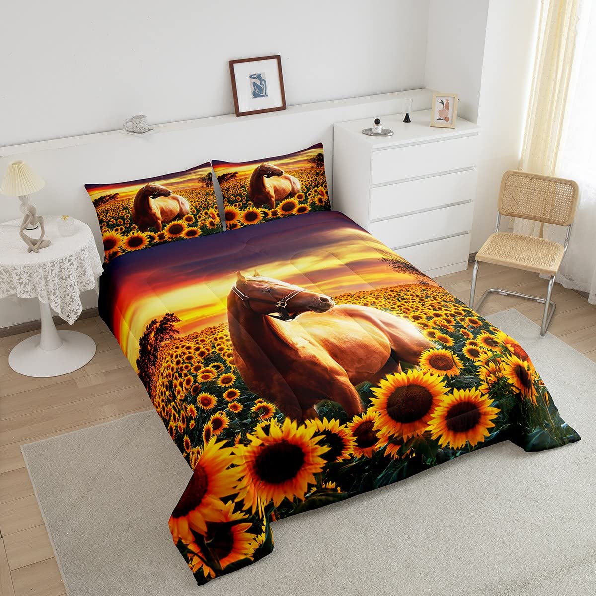 3D Horse Comforter Set For Kids Boys Wild Animal Down Comforter Girls Teen Adult Women Sunflower Quilted Duvet Brown Horse Beddi