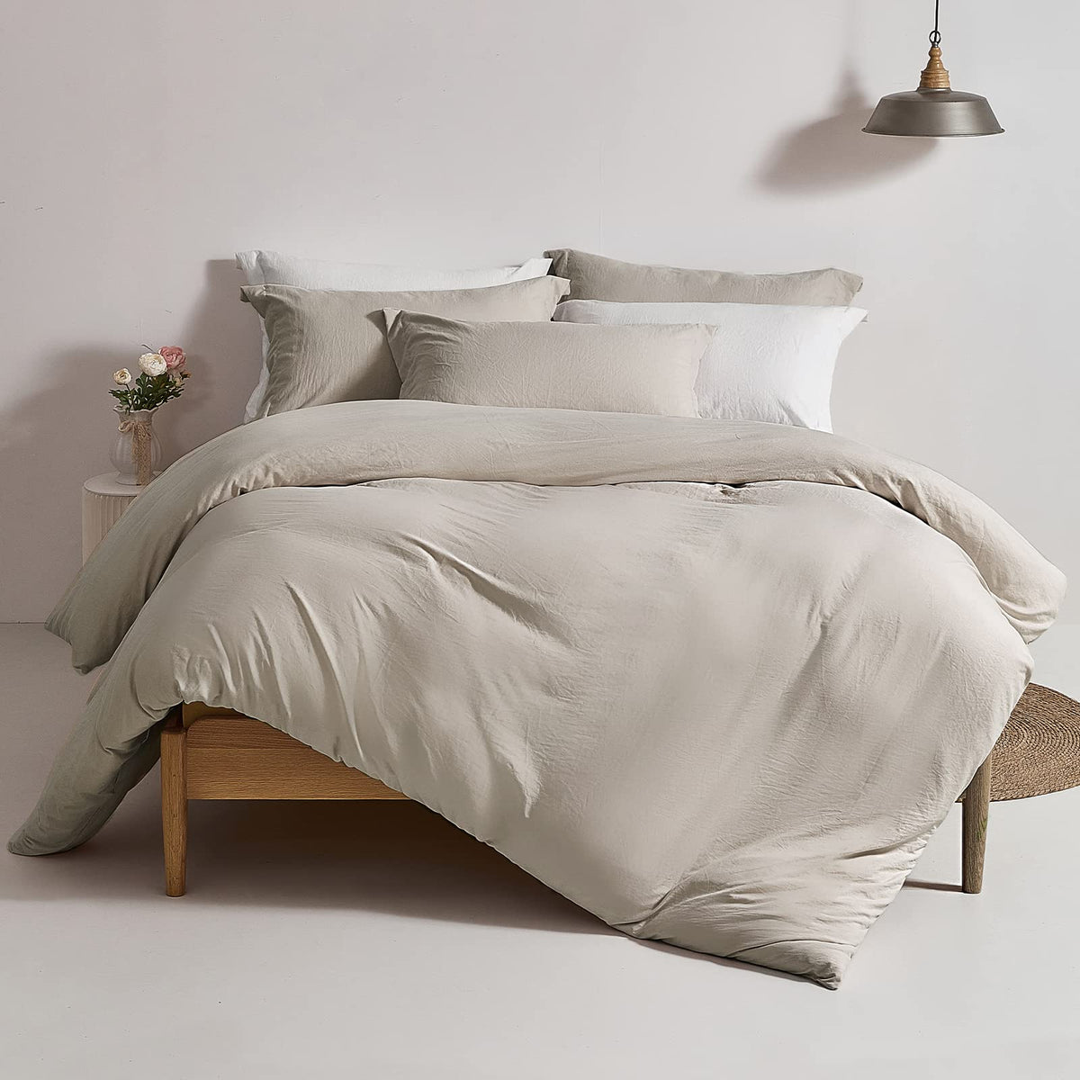 Mildly Super Soft Duvet Cover - 100% Washed Microfiber Oatmeal Linen Grey Comforter Cover Set 3 Pieces With Zipper Closure & Cor