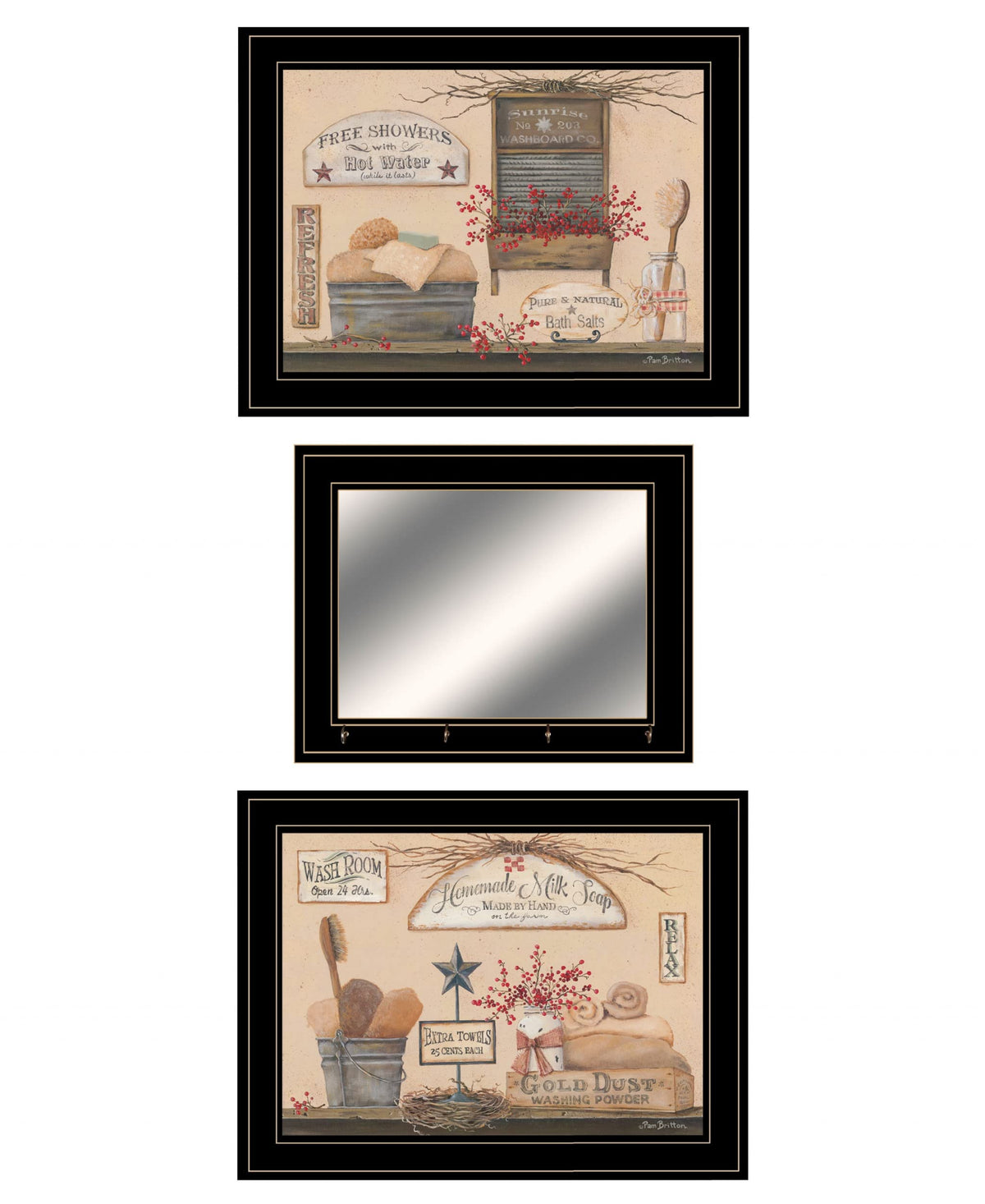 Set Of Three Wash Room Black Two Rim Frame Bathroom Wall Art