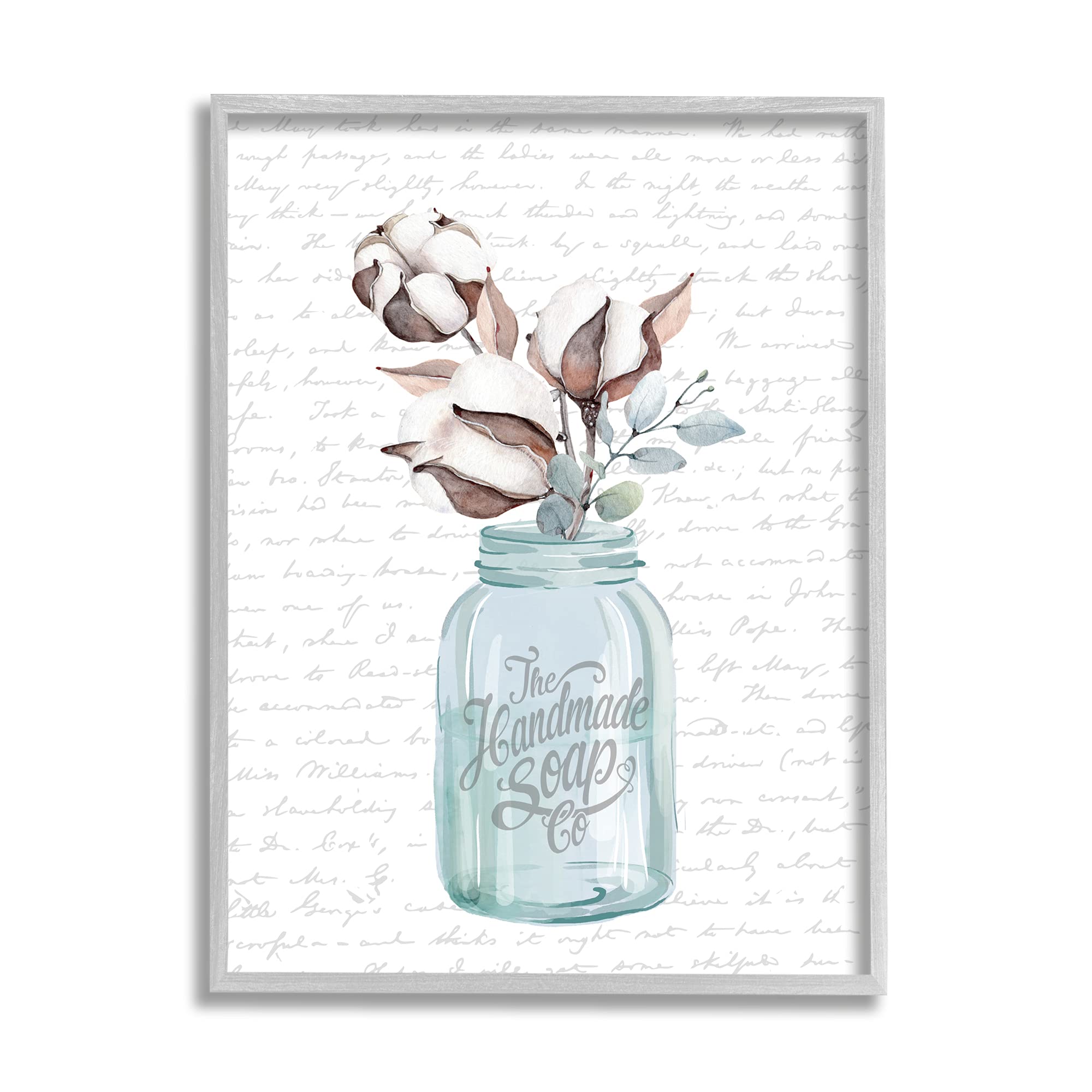 Stupell Industries Handmade Soap Jar Cotton Flower Bathroom Word, Design by Lettered and Lined Gray Framed Wall Art, 16 x 20, Gr