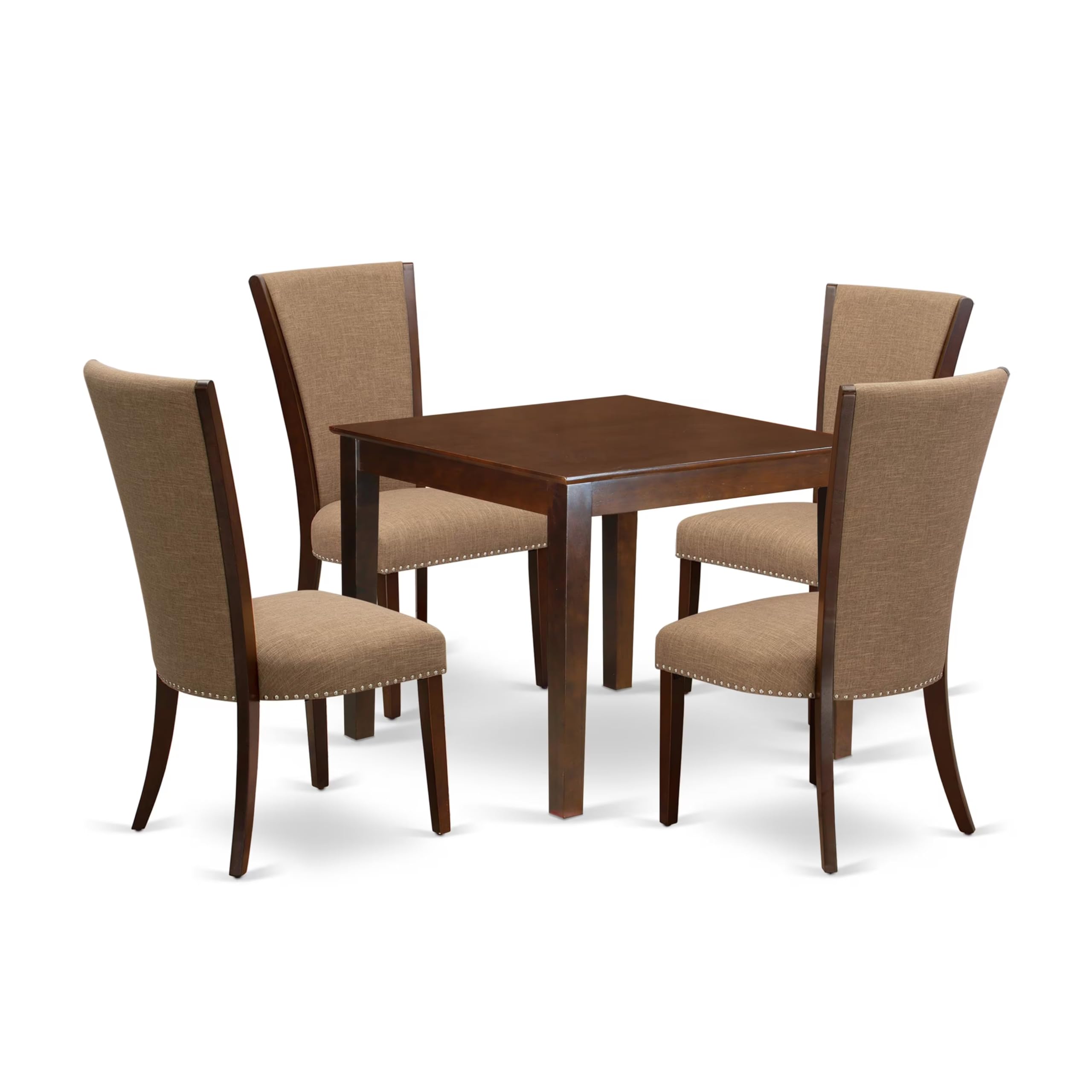 East West Furniture Oxve5-Mah-47 5 Piece Kitchen Table Set For 4 Includes A Square Dining Room Table And 4 Light Sable Linen Fabric Parsons Dining Chairs, 36X36 Inch, Mahogany