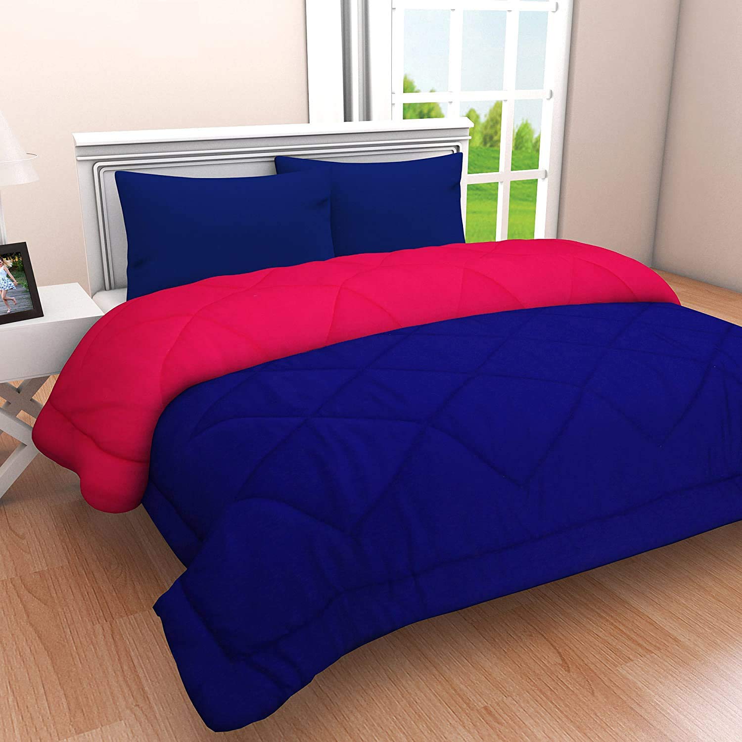 Linenovation All Season Microfiber Polyester Reversible Single Ac Comforter (Navy Blue, Pink, 60 X 90 Inch)