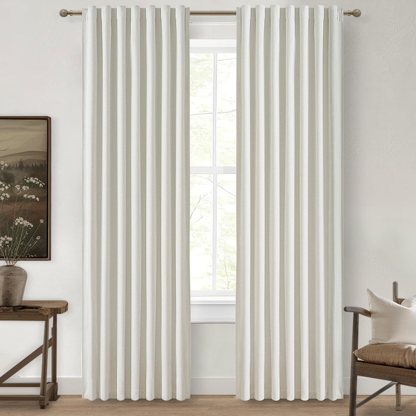 QJmydeco Beige White Cute Blackout Curtains 84 Inches Long 2 Pack, Insulated Sliding Door Curtain UV Heat Blocking Drapes for Li