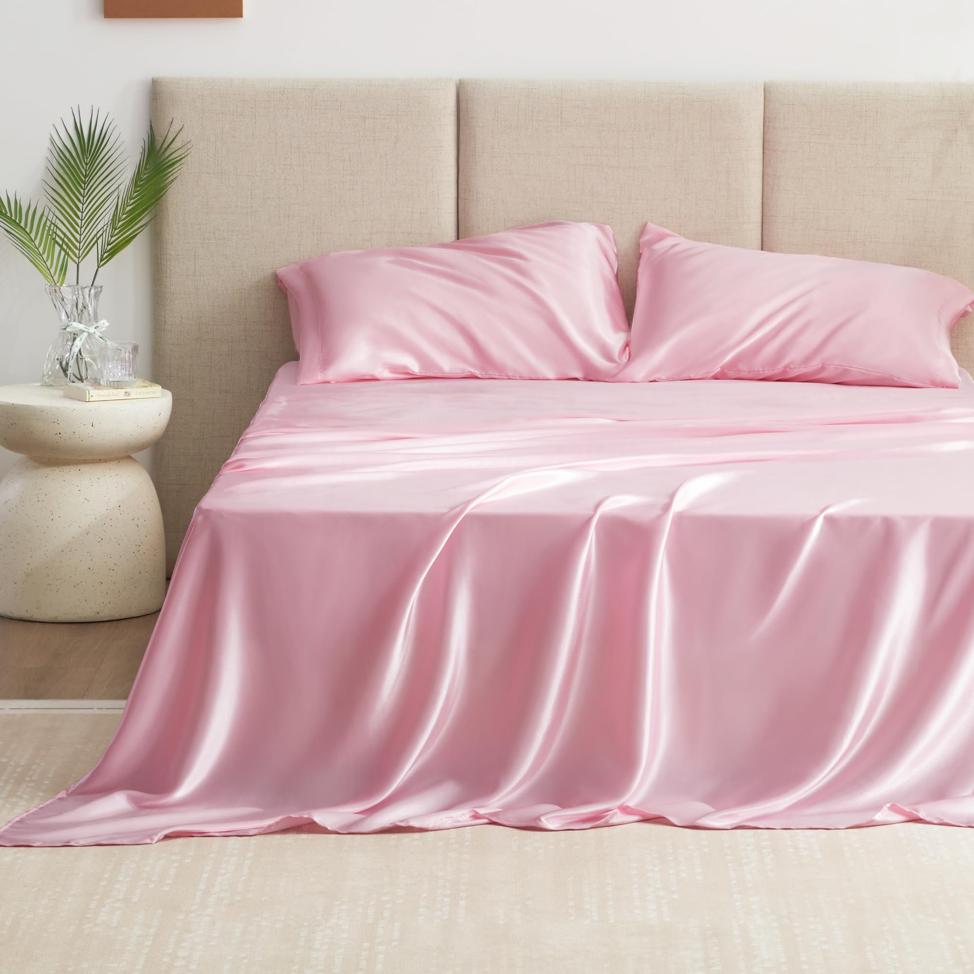 Love'S Cabin 4Piece California King Satin Bed Linen Set, Pink Silky Satin Sheets, Deep Pocket, Luxury Silk Feel, 1 Flat, 1 Fitted Sheet, 2 Pillow Cases