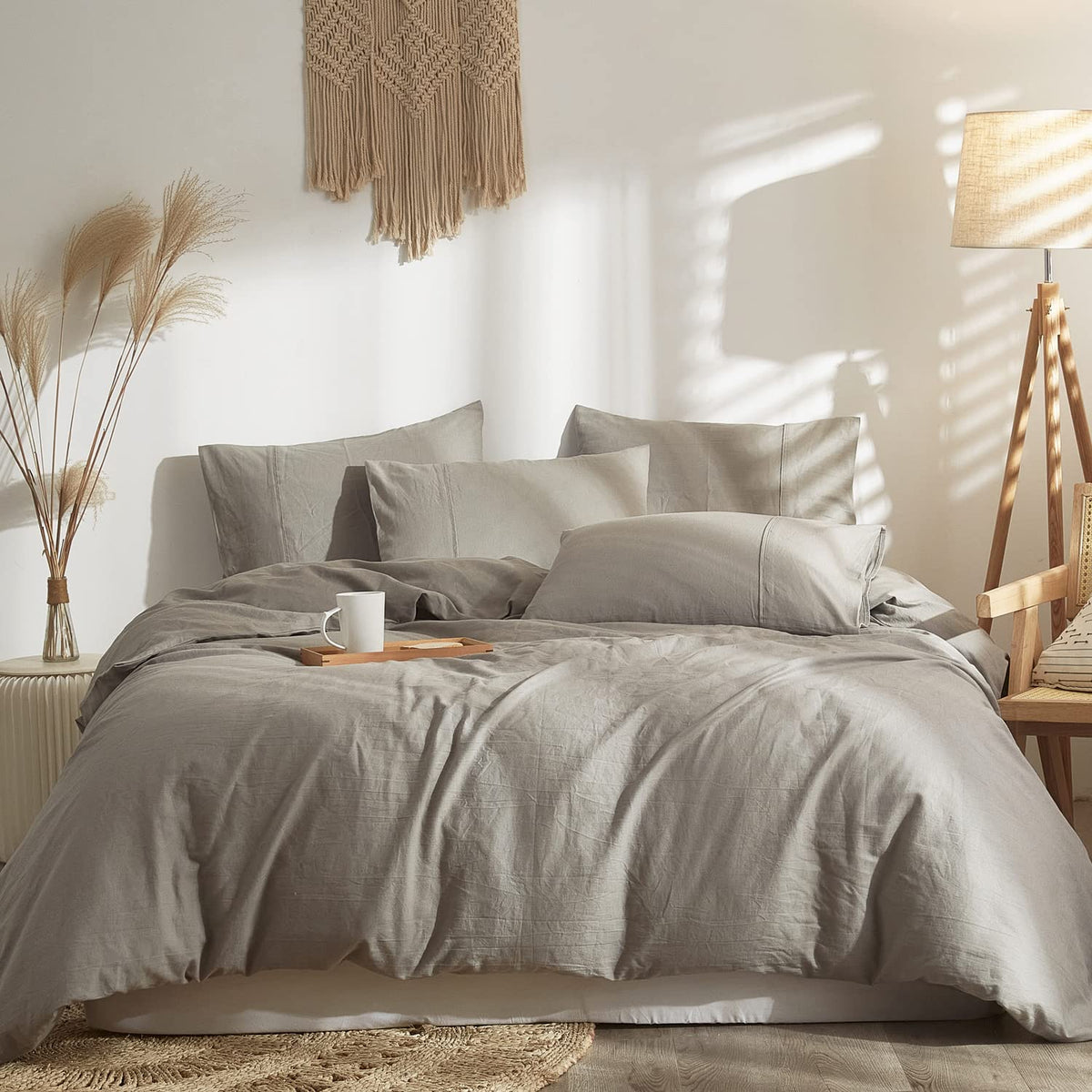 Ivellow Grey Linen Duvet Cover Set 100% Washed French Flax Pure Linen Duvet Covers Queen Size Soft Breathable Durable Cooling Du