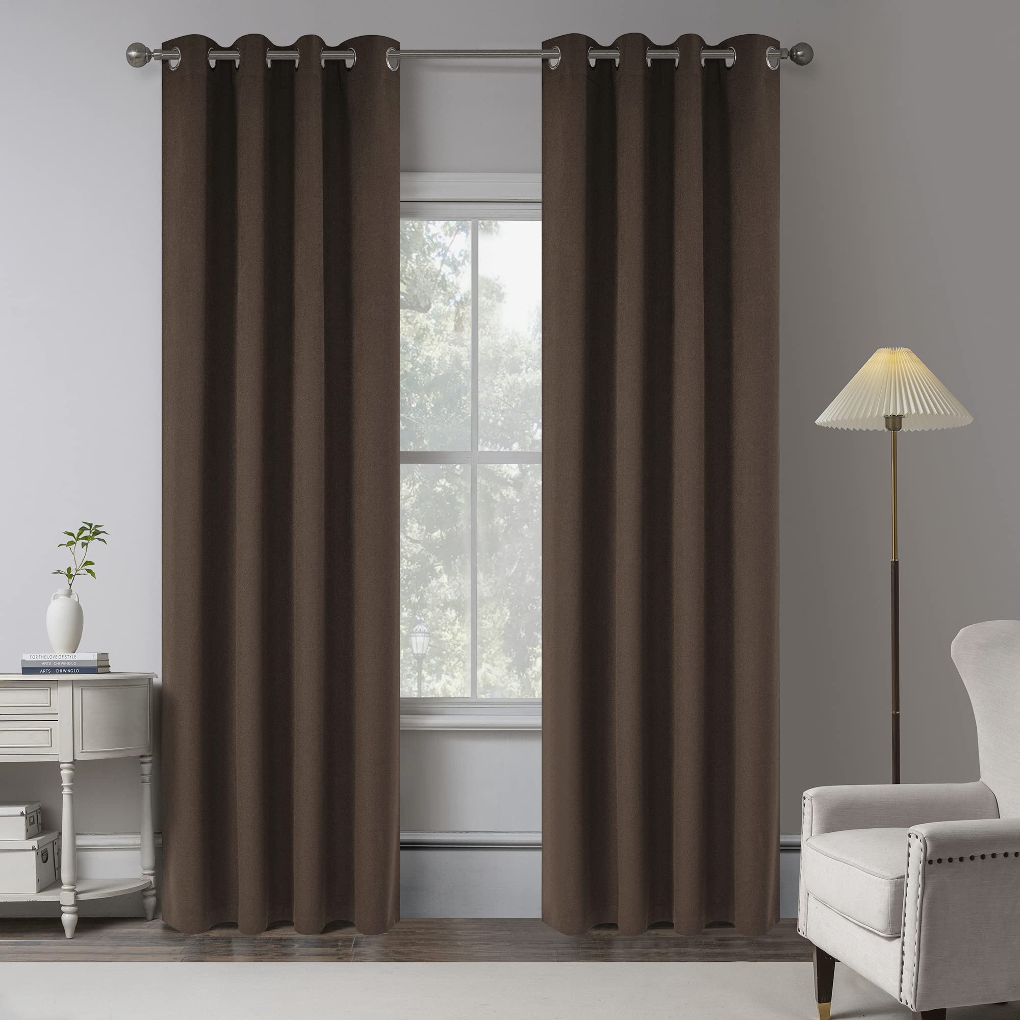 Cocoa Brown 100% Blackout Linen Curtains 120 Inches Extra Long Ceiling To Floor,Eyelet Top Full Black Out Room Darkening Thermal
