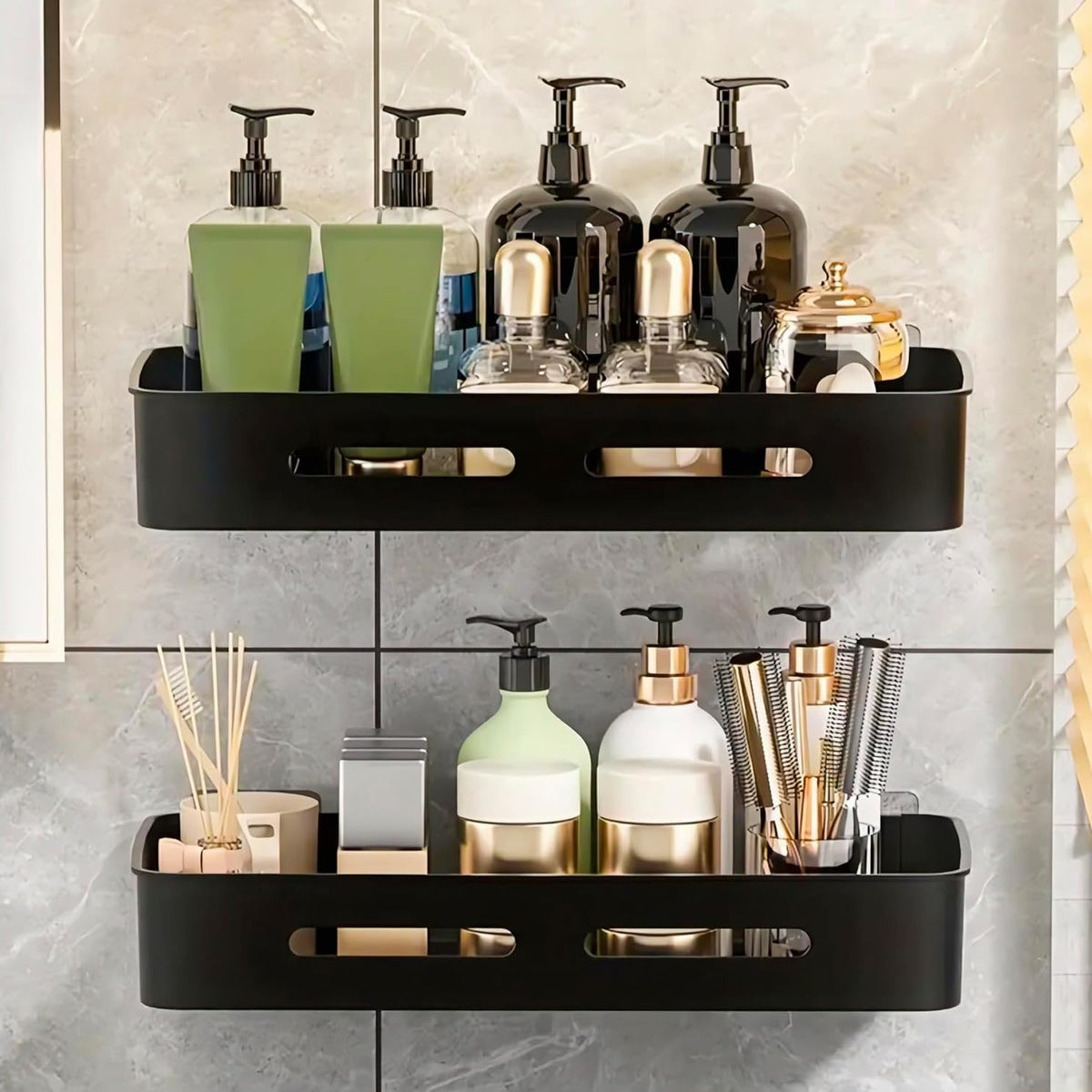 JMK PRODUCTS Self Adhesive Bathroom Shelf Wall Mounted Organizer Rack | Drill Free ABS Bathroom Accessories Holder Stand with Dr