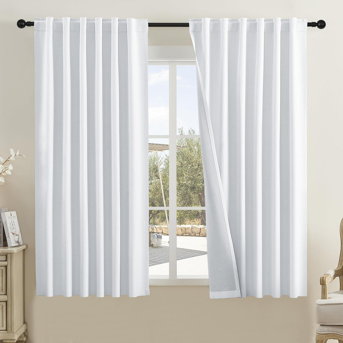 Dualife White Curtains 63 Inch Length For Bedroom Back Tab Pocket Burlap Farmhouse Style Noise Reducing Sun Blocking Drapes For