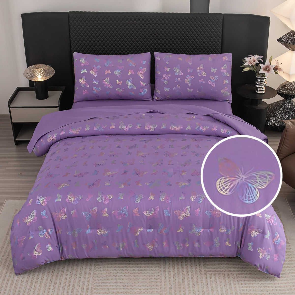 Yadangxiawa 5 Pieces Butterfly Comforter Set Queen,Purple Bedding Queen,Purple Comforter Set Queen,Girls Queen Bedroom Comforter