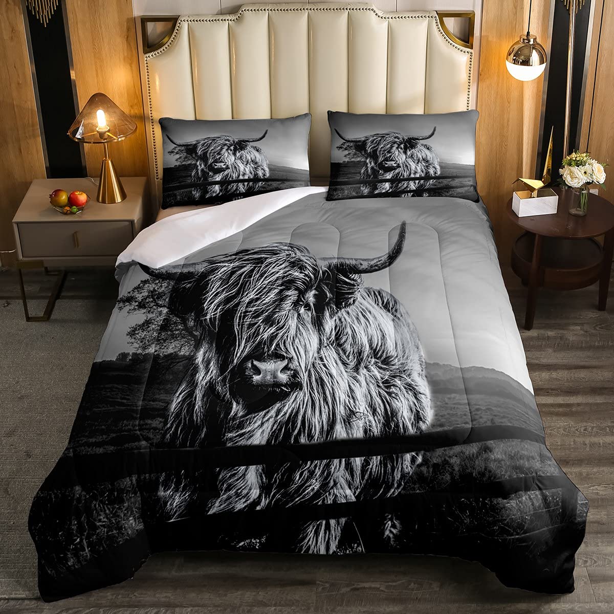 Highland Cow Bedding Set Queen Size Grey Bull Cattle Comforter Set Funny Farmhouse Wildlife Animal Duvet Set For Kids Boys Girls
