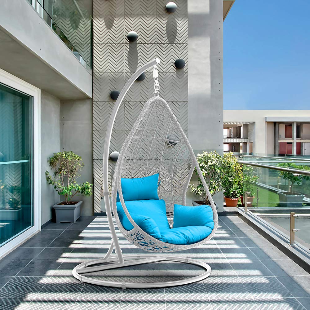 Whiteline Modern Living EG1684-WHT/BLU Bravo Patio Egg Chair, Wicker Frame Cushion, White/Blue