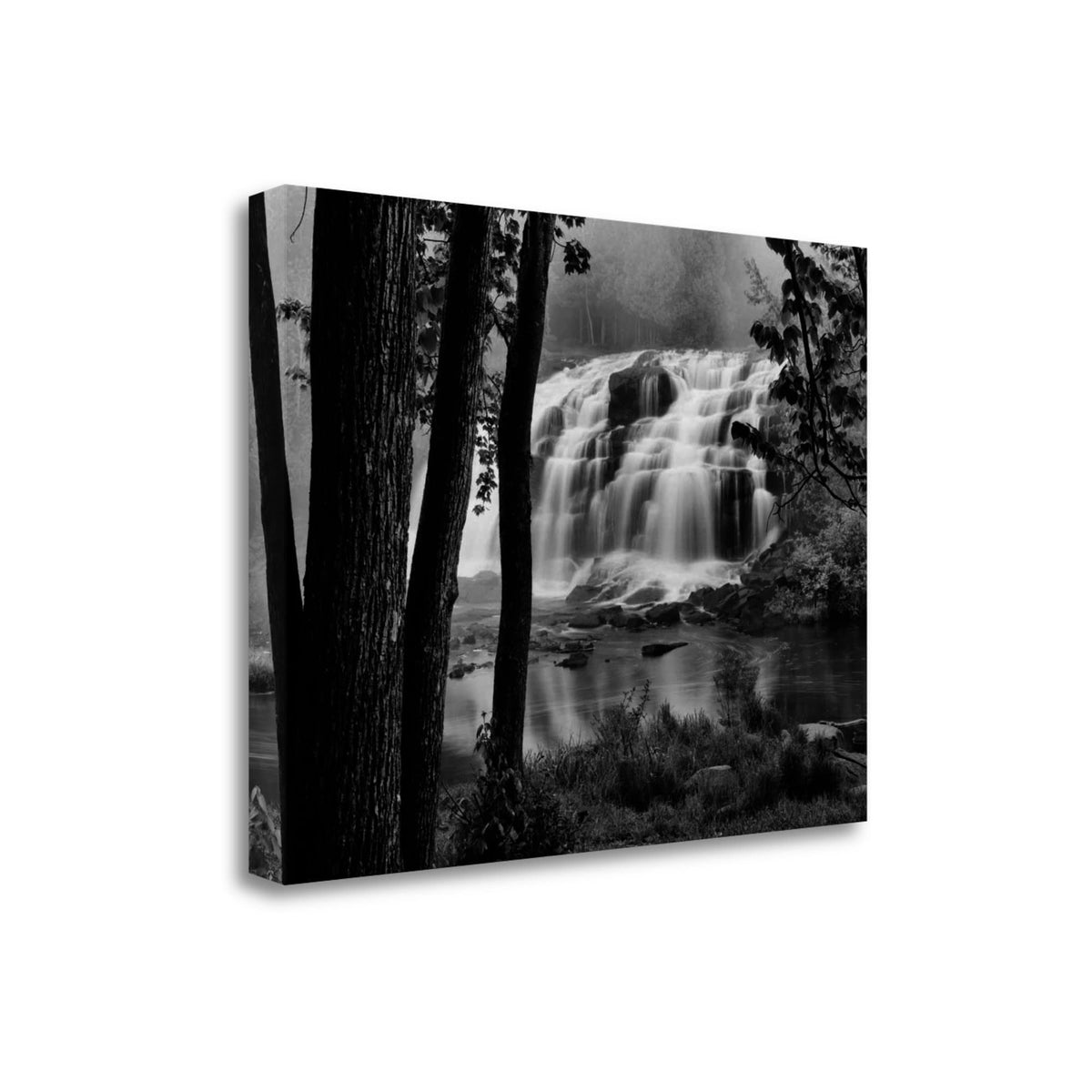 24' Black and White Photograph of Forest Waterfall Gallery Wrap Canvas Wall Art