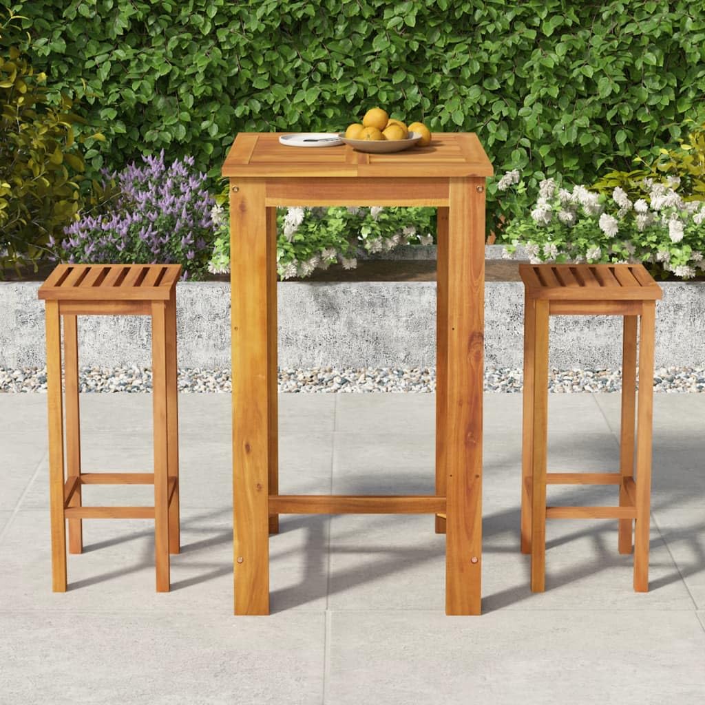 vidaXL Patio Bar Set 3 Piece, Outdoor Hightop Table and Chairs, Counter Height Desk, Pub Table Set for Porch Backyard, Farmhouse, Solid Acacia Wood Brown