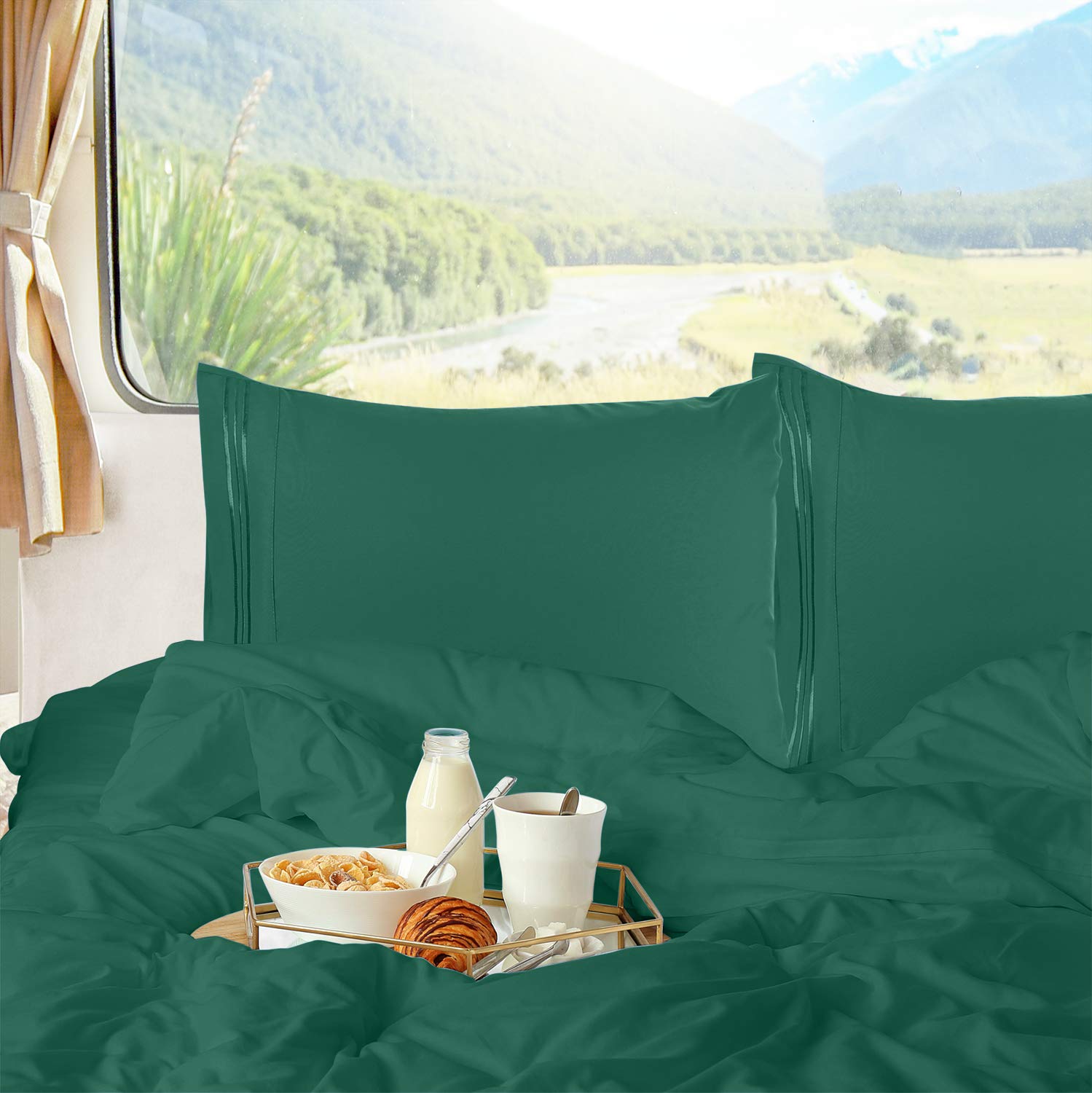 Nestl Hunter Green Rv Queen Sheets – Super Soft Rv Short Queen Sheets For Rv Camper, 4 Piece 1800 Microfiber Fitted Rv Sheets, Double Brushed Rv Bed Sheets Set, Camper Sheets And Pillowcases
