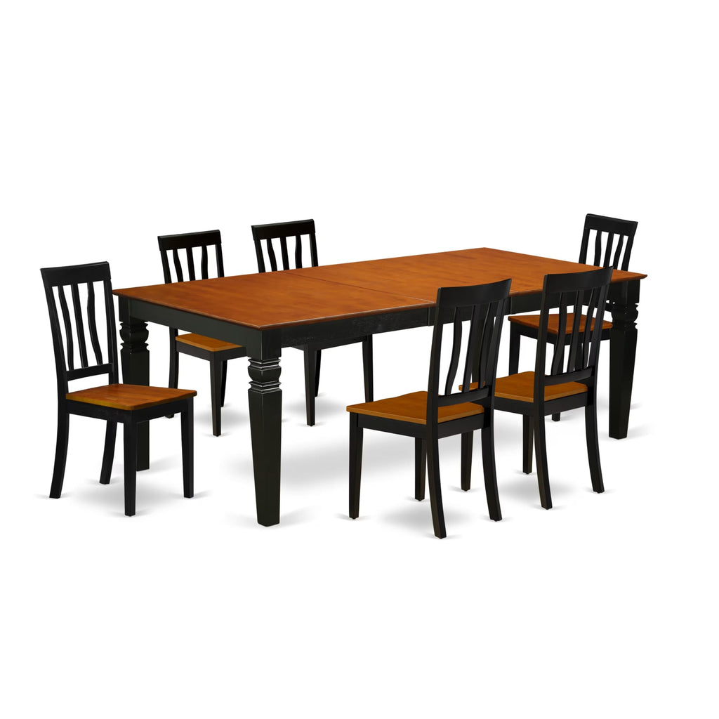 East West Furniture LGAN7-BCH-W 7 Piece Dining Set Consist of a Rectangle Dining Table with Butterfly Leaf and 6 Kitchen Chairs, 42x84 Inch, Black & Cherry