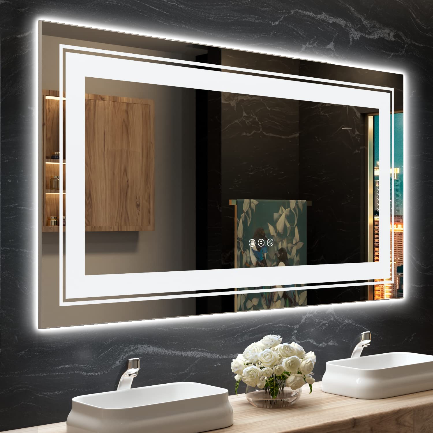 Snowdool 55X30 LED Bathroom Mirror with Lights, Front and Backlit Mirror Bathroom, Stepless Dimmable, Anti-Fog LED Mirror, Light