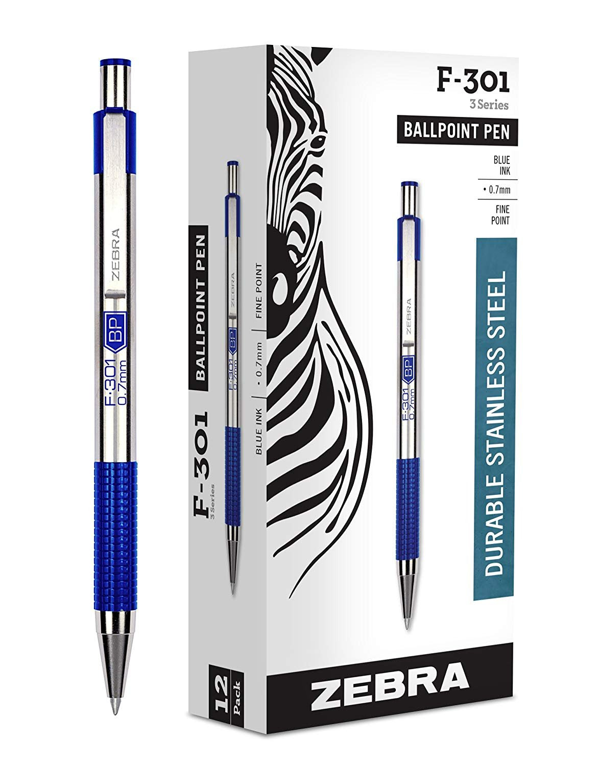 Zebra F-301 Ballpoint Stainless Steel Retractable Pen, Fine Point, 0.7Mm, Blue Ink, 1-Count (12)