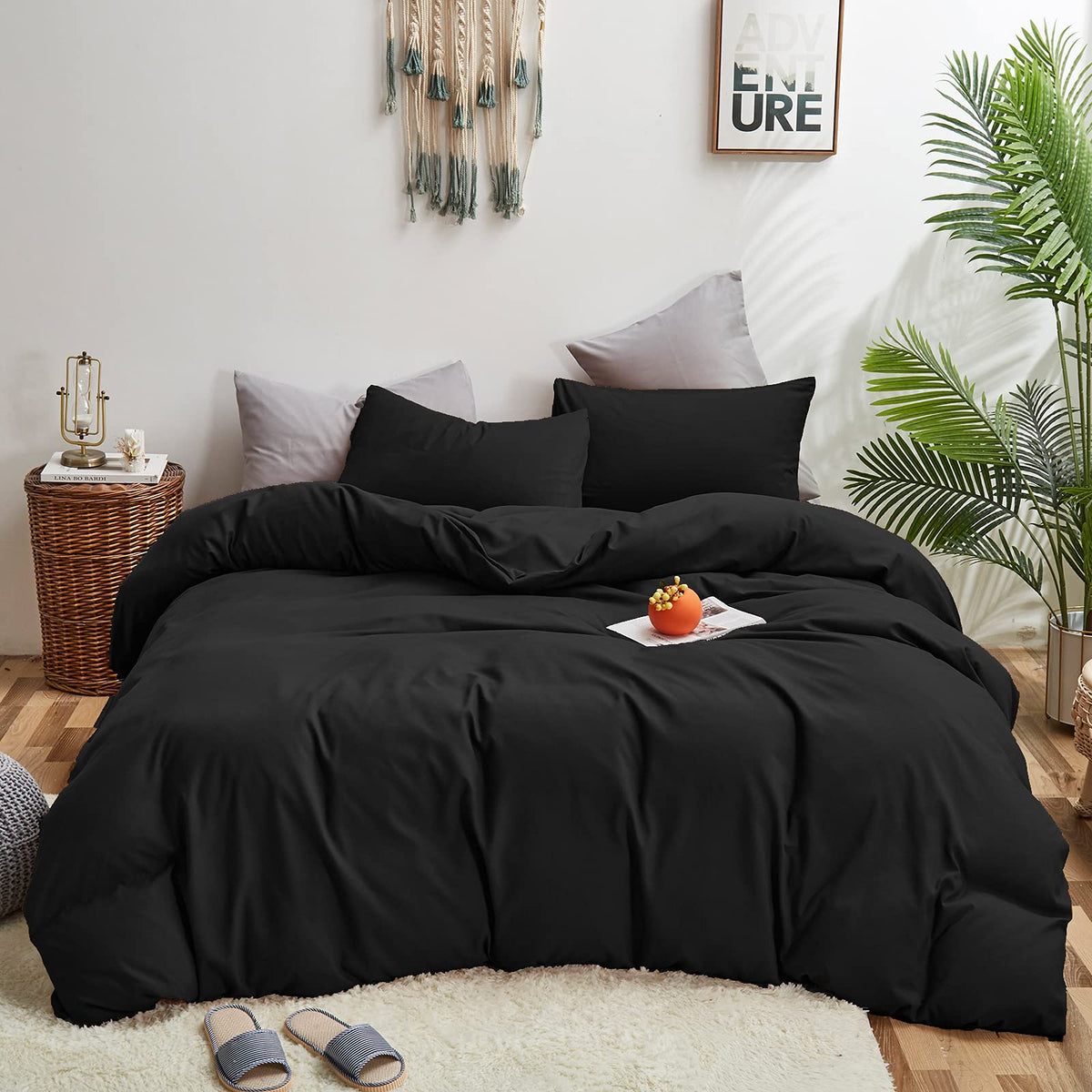 Karever Black Comforter Twin Plain Black Bedding Set 3 Pieces Soft Black Comforter Set 1 Black Twin Comforter (68X90 Inches) Wit
