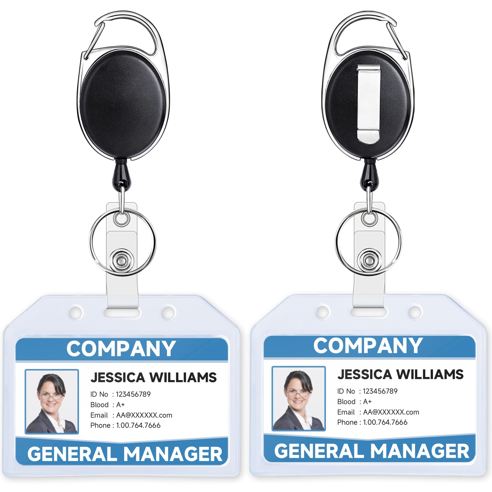 Teskyer 2 Pack Heavy Duty Retractable Badge Holders With Carabiner Reel Clip And Extra Thick Clear Name Tag Id Card Holders, Hor