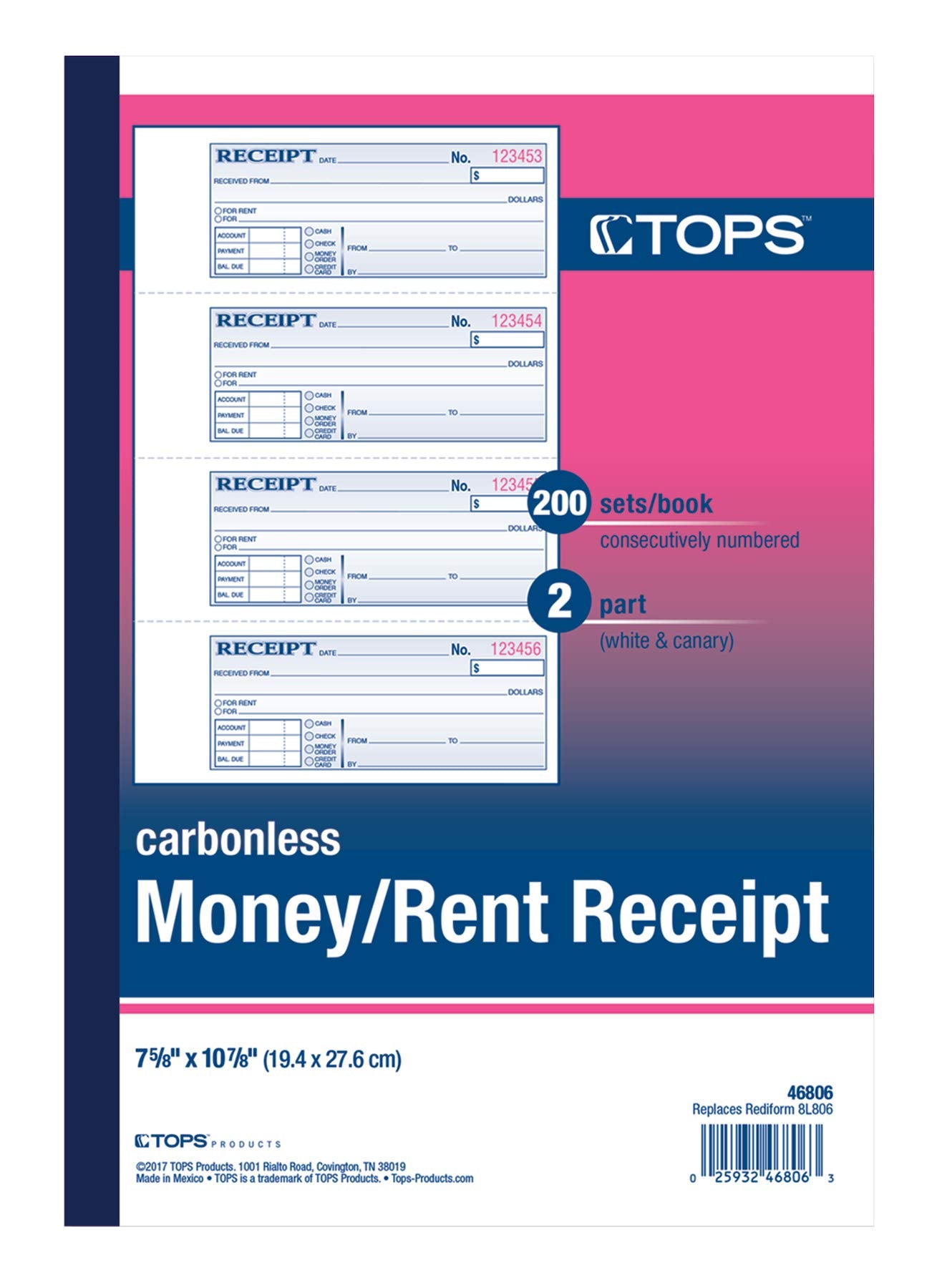Tops Money/Rent Receipt Book, 2-Part, Carbonless, 11 X 7-5/8 Inches, 4 Receipts/Page, 200 Sets Per Book (46806)