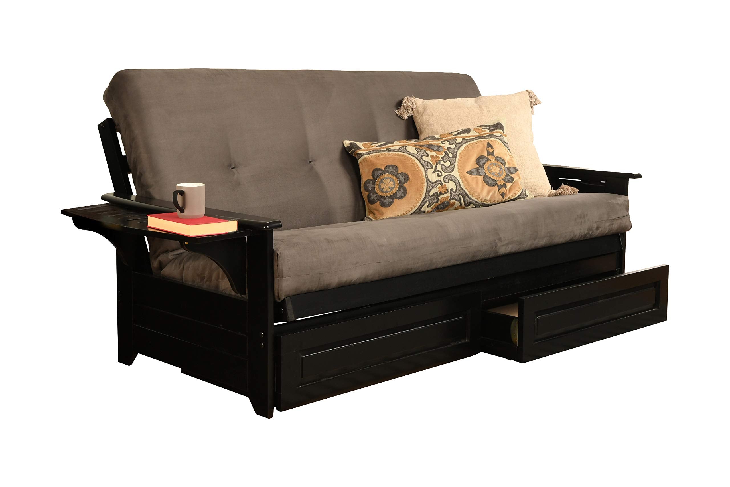Kodiak Furniture Phoenix Full Size Futon In Black Finish With Storage Drawers, Suede Gray