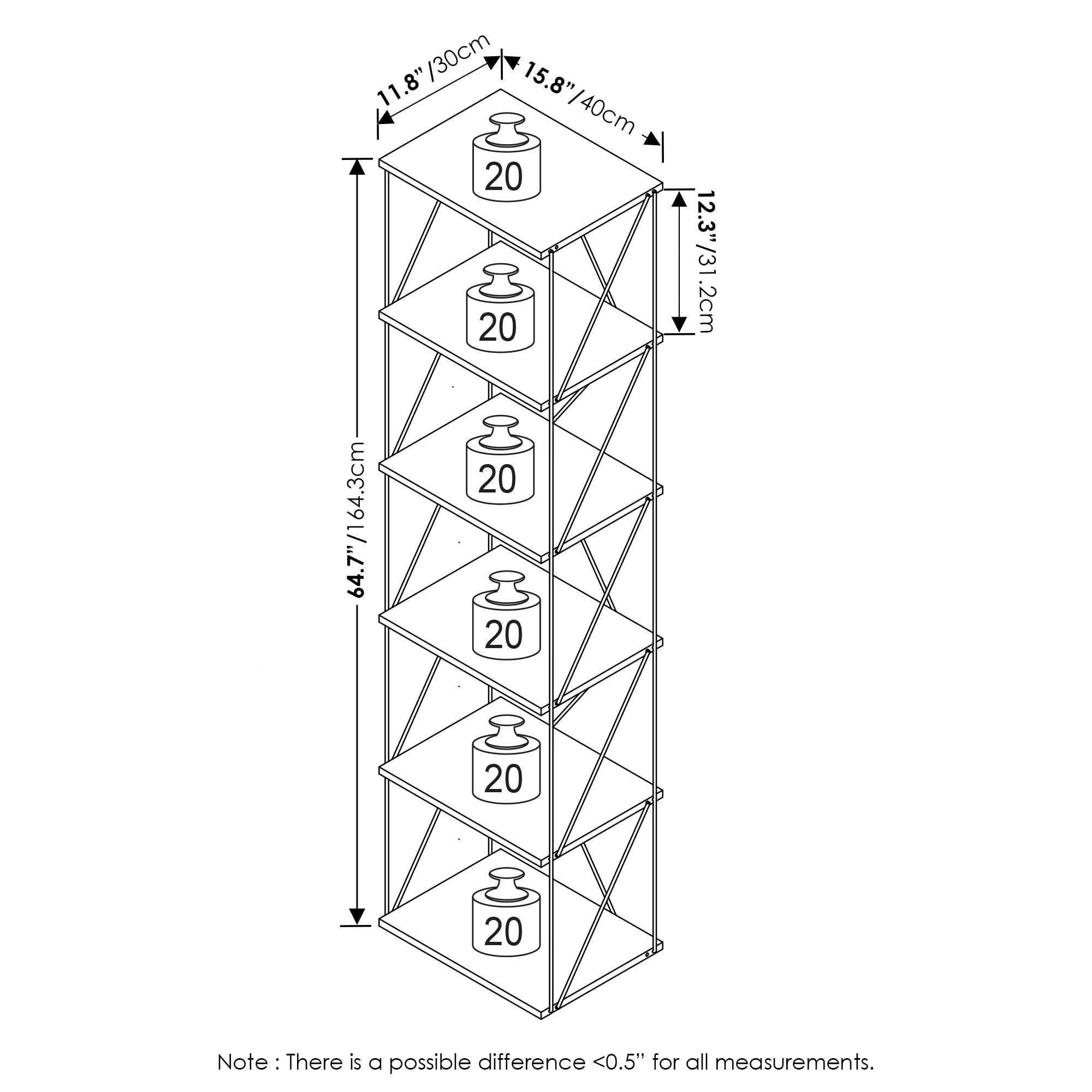 Furinno Rata 6-Tier Industrial Multipurpose Flat Base Shelf Display Rack with Metal Frame, Narrow, French Oak Grey