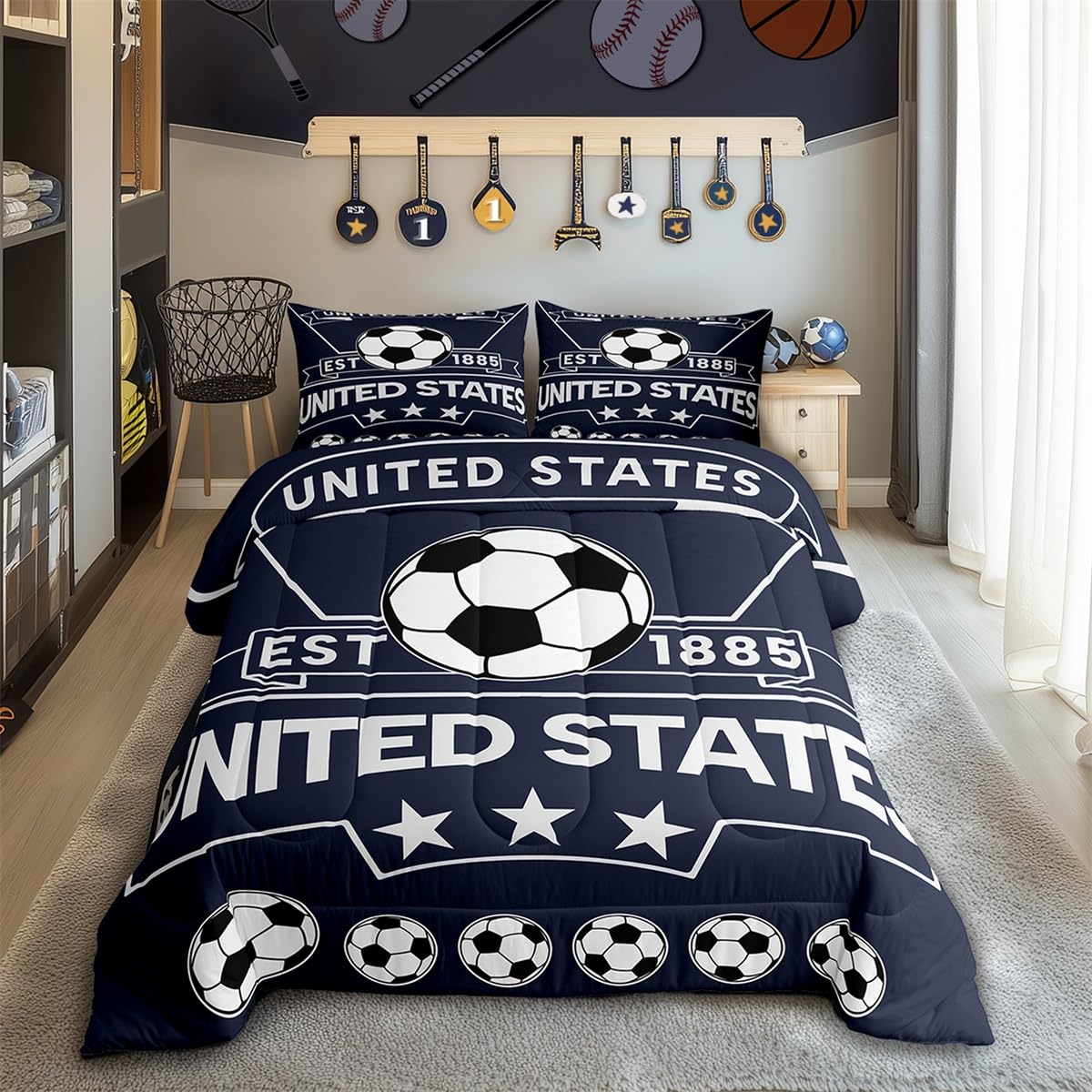 Feelyou Football Sport Bedding Set Twin Size Soccer Theme For Kids Boys Comforter Set United States Football Teens Duvet Set Nav