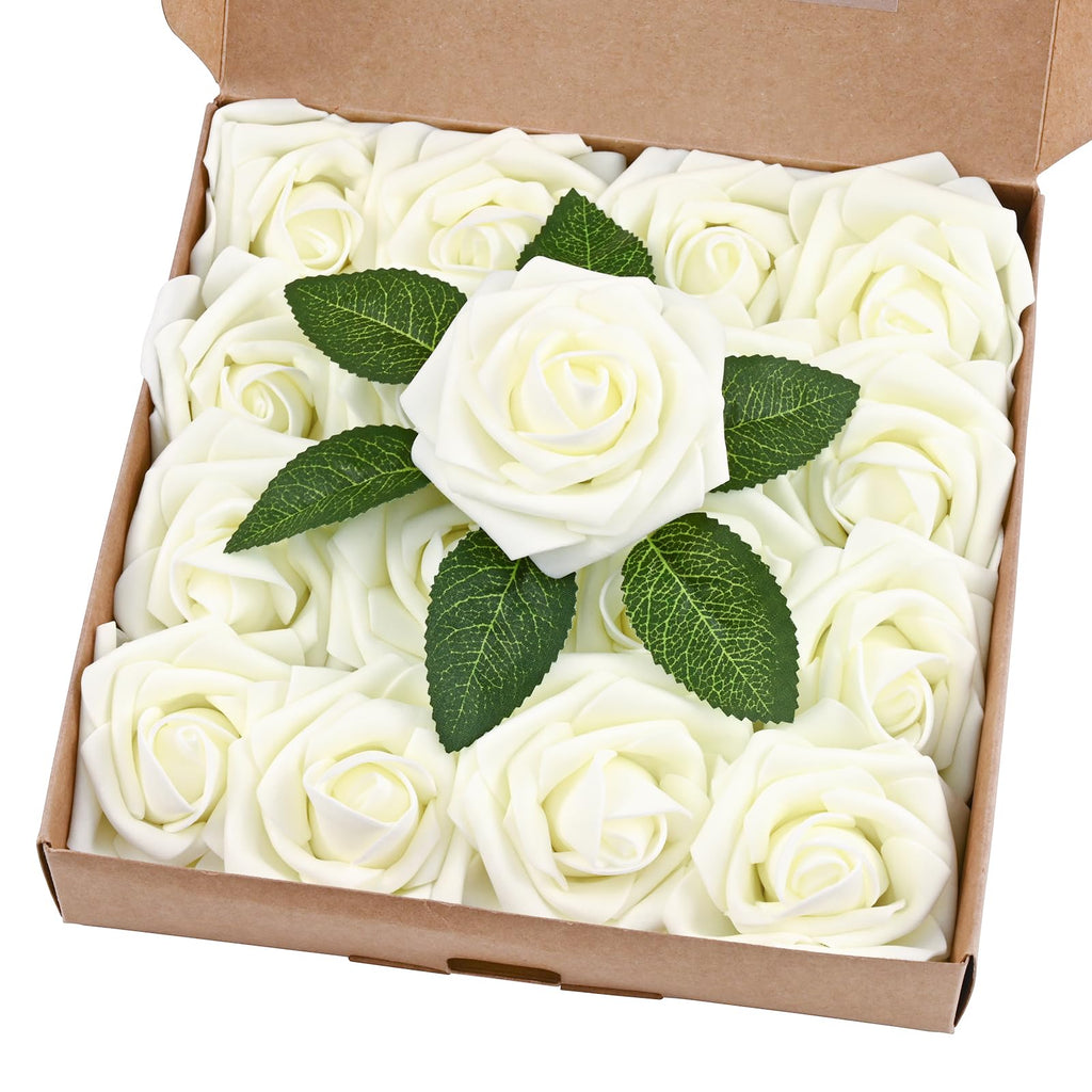BLEUM CADE 16Pcs Artificial Flowers Fake Roses with Stems, Ivory White Boxed Foam Roses for DIY Bouquets Centerpieces Wedding Pa
