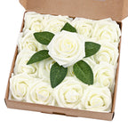 BLEUM CADE 16Pcs Artificial Flowers Fake Roses with Stems, Ivory White Boxed Foam Roses for DIY Bouquets Centerpieces Wedding Pa