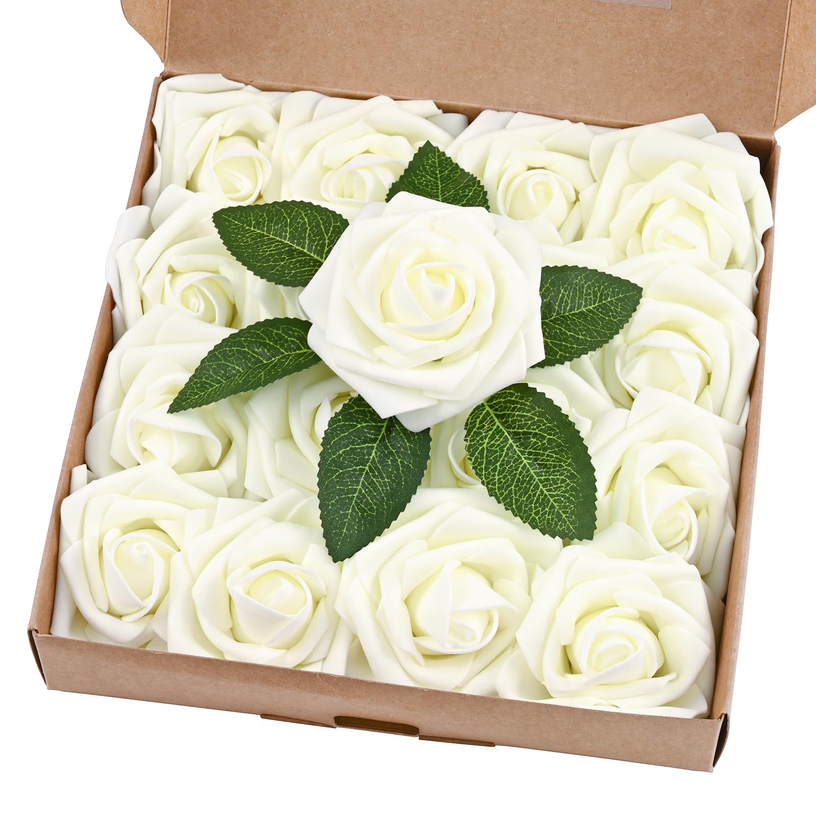BLEUM CADE 16Pcs Artificial Flowers Fake Roses with Stems, Ivory White Boxed Foam Roses for DIY Bouquets Centerpieces Wedding Pa