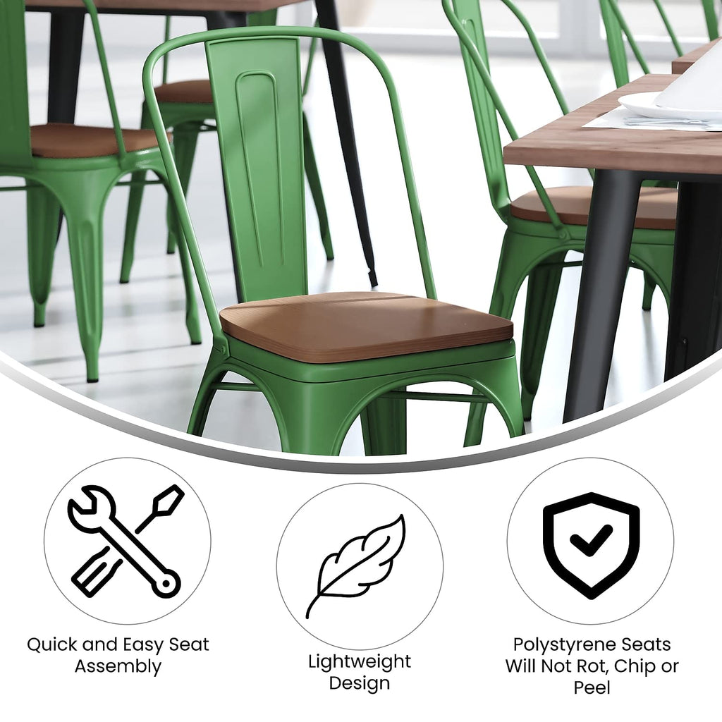 Flash Furniture Perry Indoor/Outdoor Commercial Stackable Chair With Polystyrene Seat - Green Metal Frame - Teak Poly Resin Seat - Rounded Seat Edges For Comfort