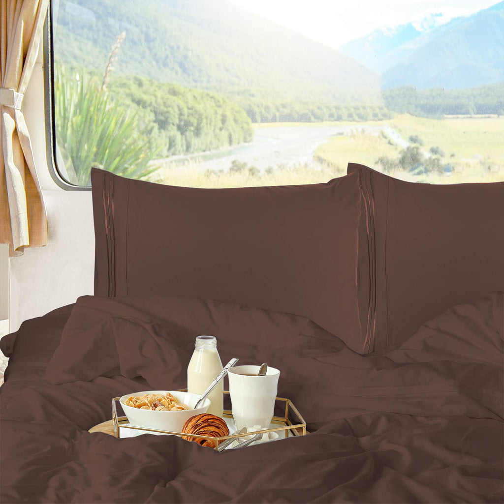 Nestl Brown Rv Queen Sheets – Super Soft Rv Short Queen Sheets For Rv Camper, 4 Piece 1800 Microfiber Fitted Rv Sheets, Double Brushed Rv Bed Sheets Set, Camper Sheets And Pillowcases
