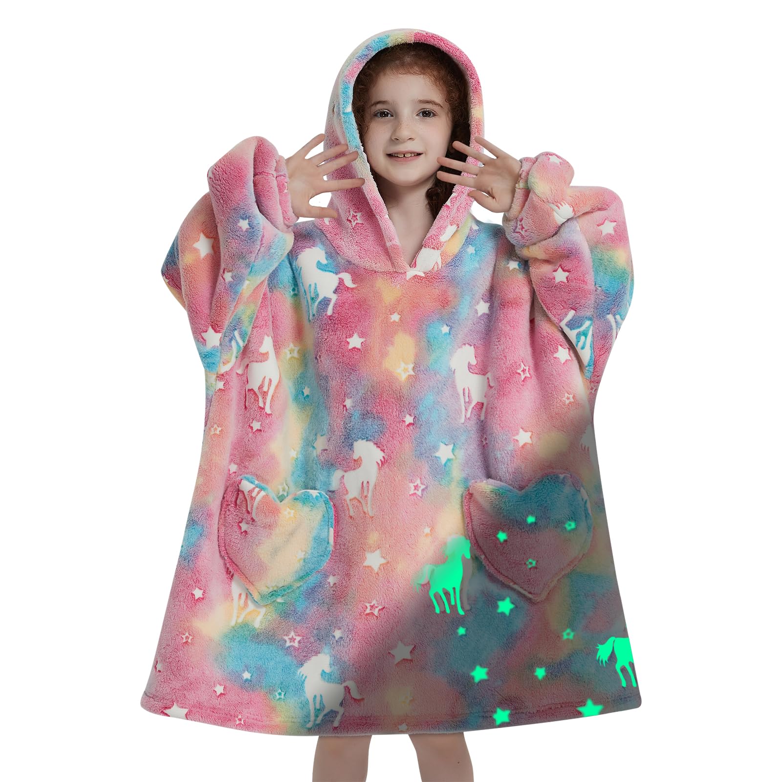 Fiosnow Glow In The Dark Unicorn Blanket Hoodies For Kids 6-13Yr Oversize Wearable Blanket Hoodies For Boys Girls Teens