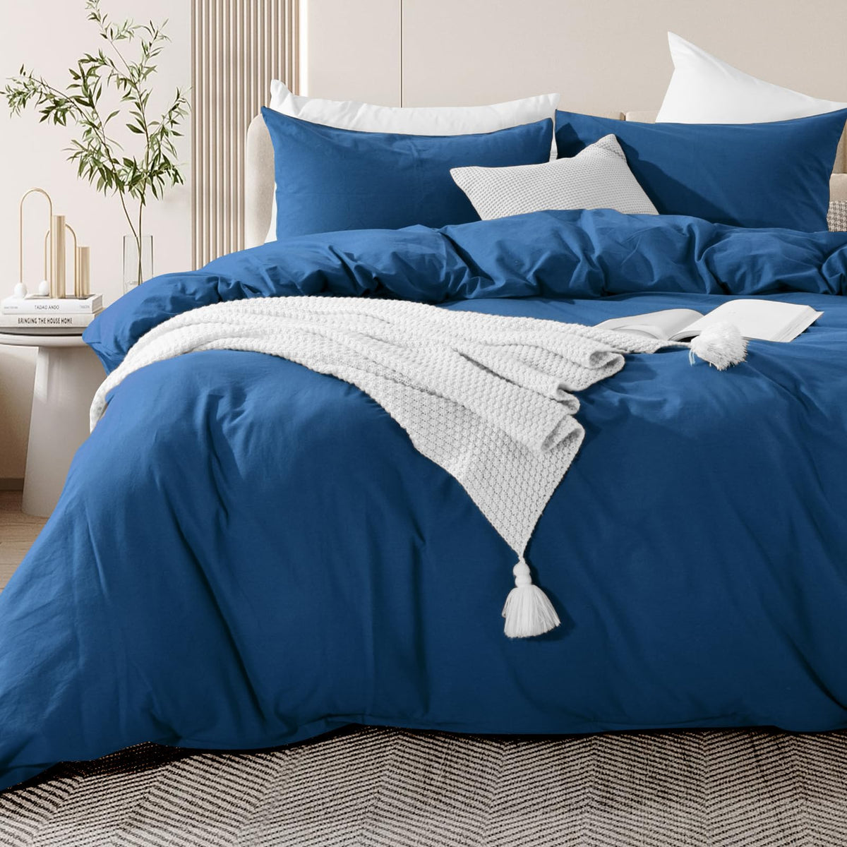 Nexhome Pro Duvet Cover Set King Size Linen Look Textured 100% Washed Cotton Duvet Cover Royal Navy Klein Blue 3 Pieces Bedding