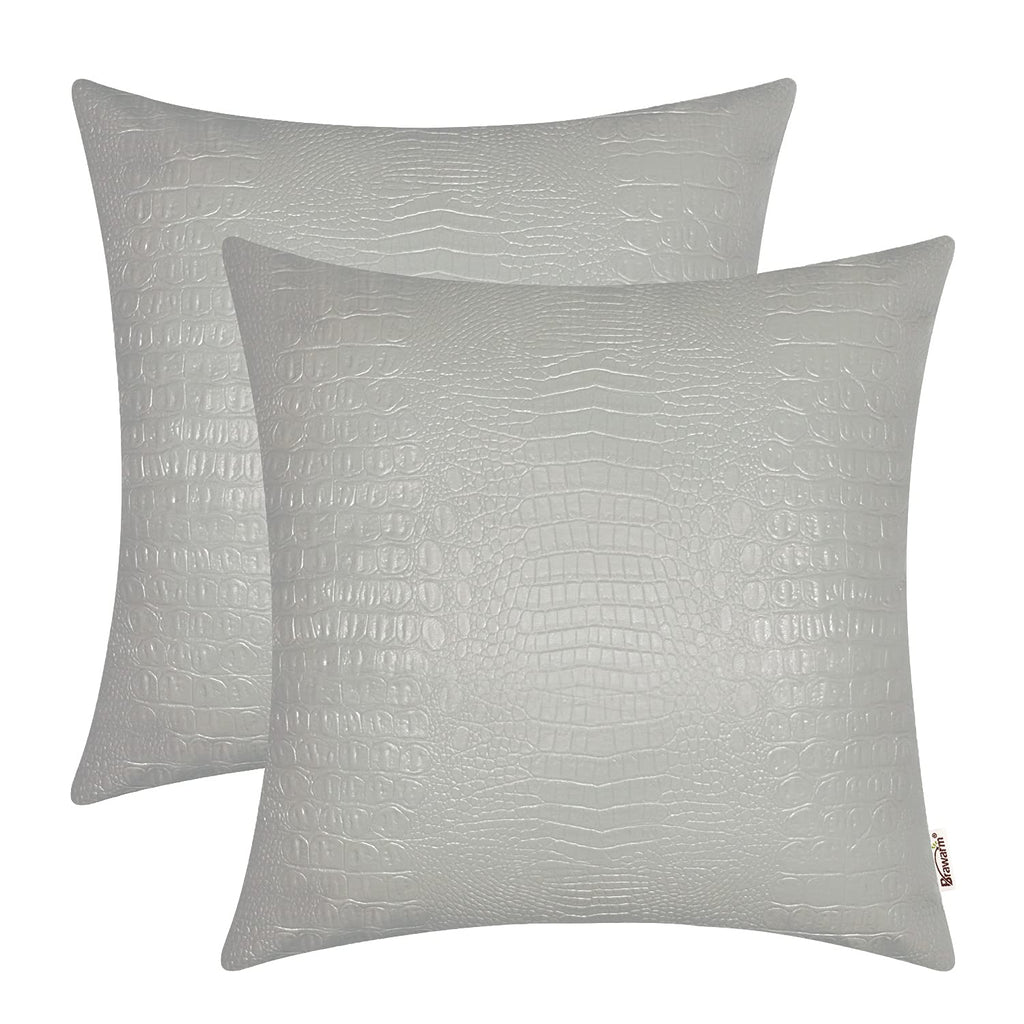 BRAWARM Faux Leather Pillow Covers 18 X 18 Inches, Gray Leather Pillow Covers Pack of 2, Crocodile Leather Decorative Throw Pill