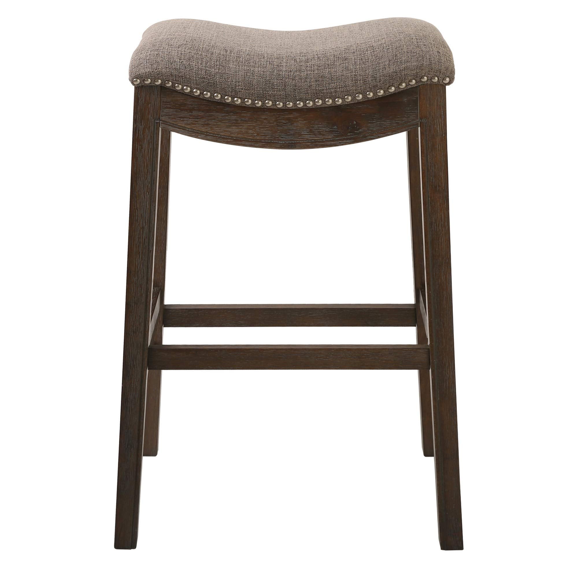 HomeRoots Bar Height Saddle Style Counter Stool with Taupe Fabric and Nail Head Trim