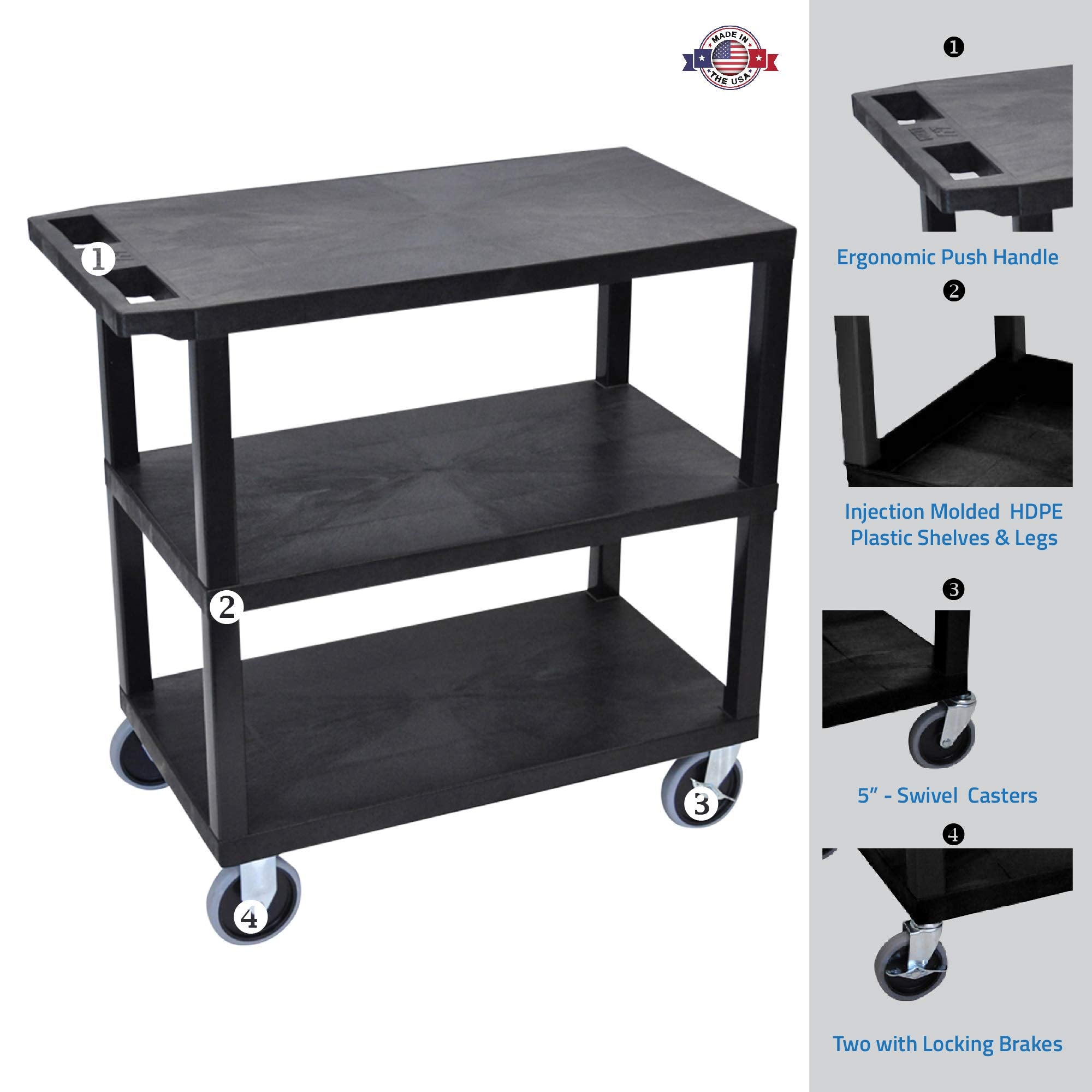 LUXOR EC222HD-B 32" x 18" Cart - Three Flat Shelves, Multipurpose Utility Cart, Four 5" Casters, Two Fixed Non-Locking Casters, Two Full-Swivel Casters with Locking Brake