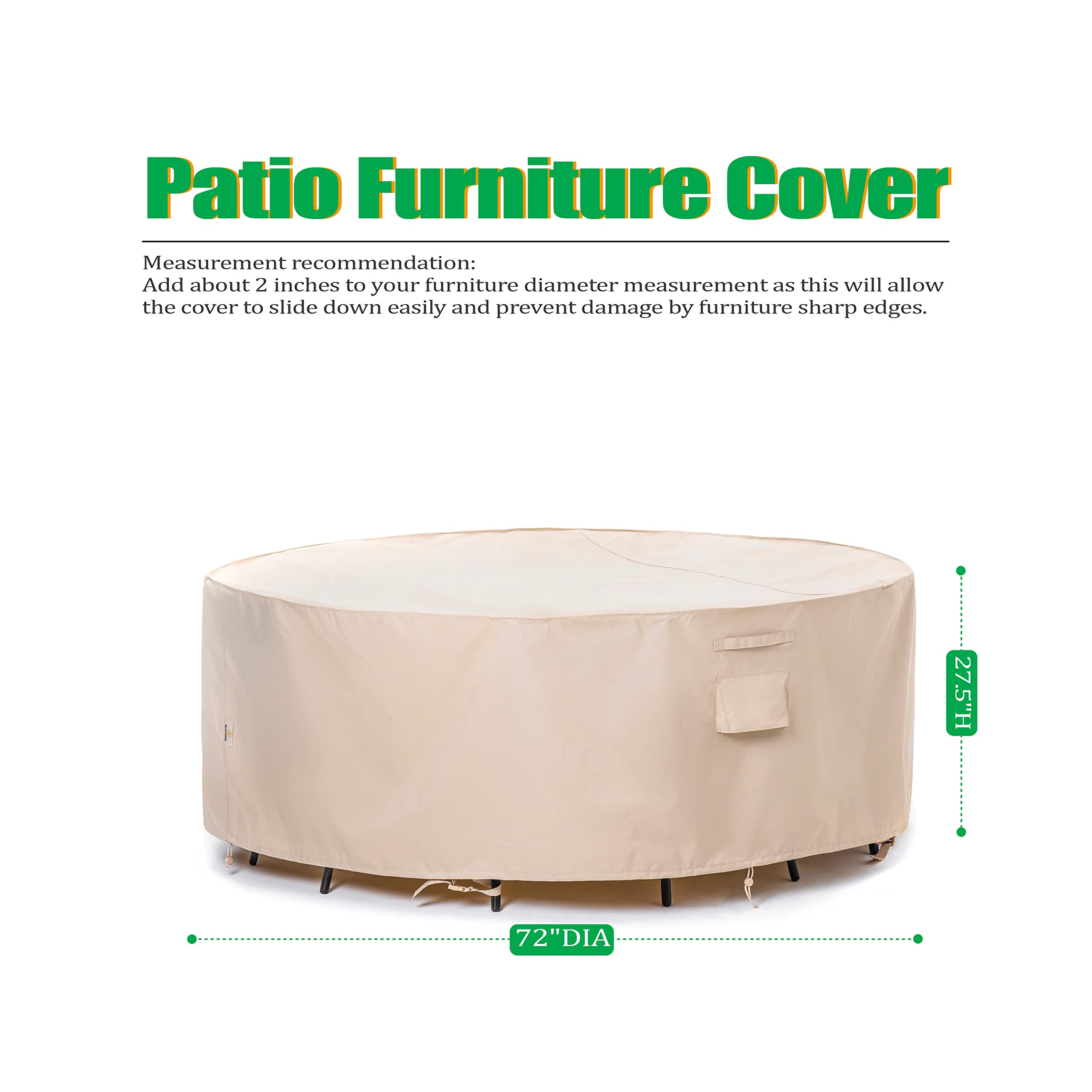 F&J Outdoors Patio Furniture Covers Waterproof Uv Resistant Rip-Stop Fabric Round Patio Table Cover Furniture Cover, Beige, 72'