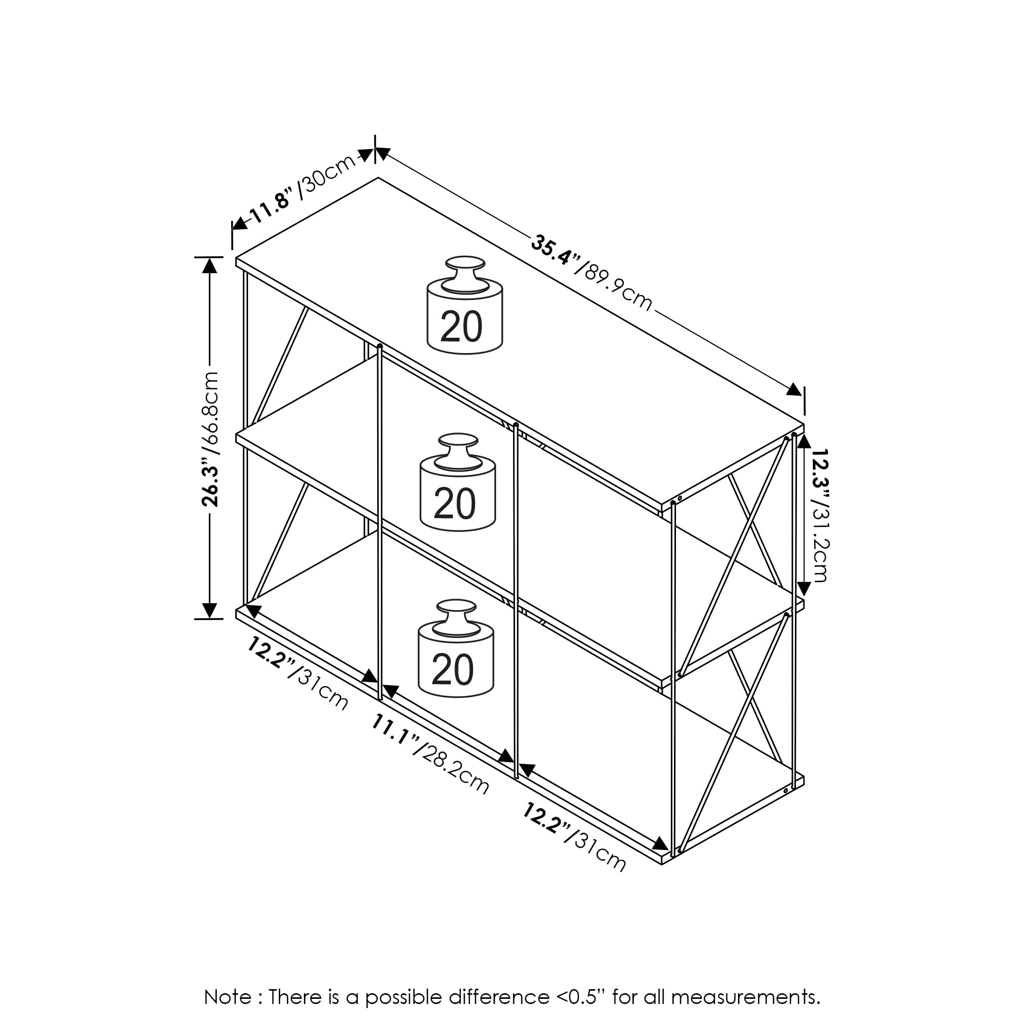 Furinno Rata 3 x 2 Industrial Multipurpose Flat Base Shelf Display Rack with Metal Frame, Columbia Walnut