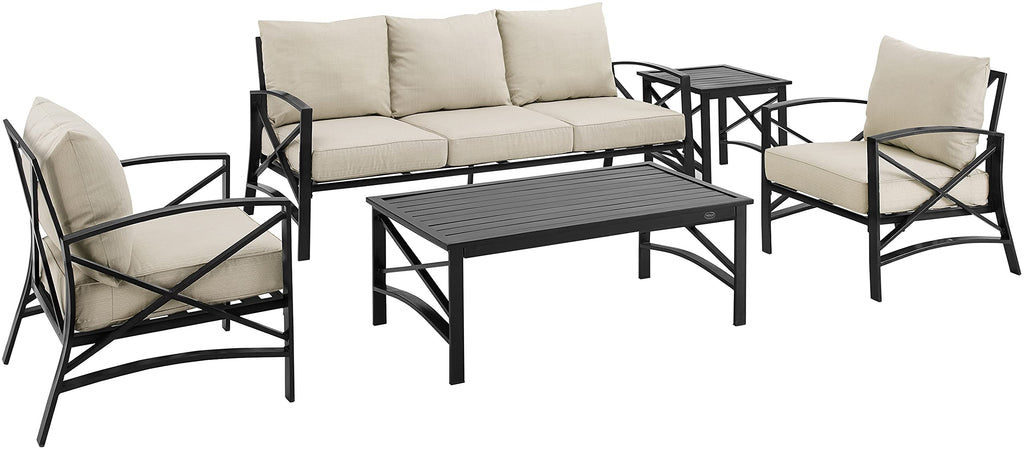 Crosley Furniture Kaplan 5-Piece Outdoor Sofa Patio Furniture Set, Conversation Sets For Porch, Deck, Oiled Bronze With Oatmeal Cushions