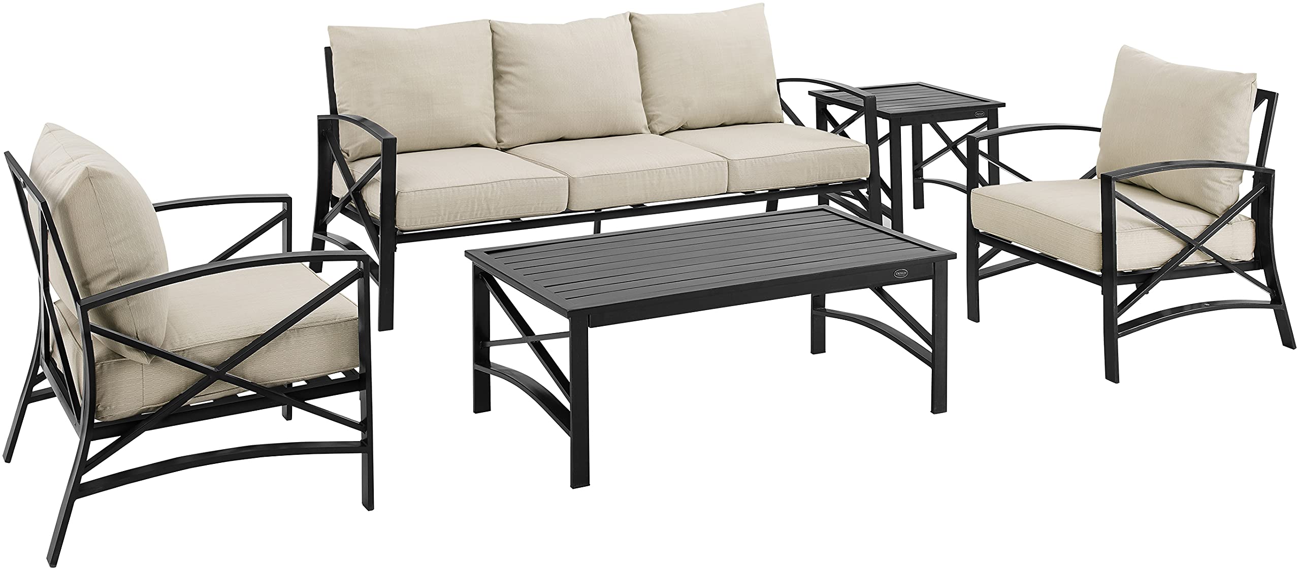 Crosley Furniture Kaplan 5-Piece Outdoor Sofa Patio Furniture Set, Conversation Sets For Porch, Deck, Oiled Bronze With Oatmeal Cushions